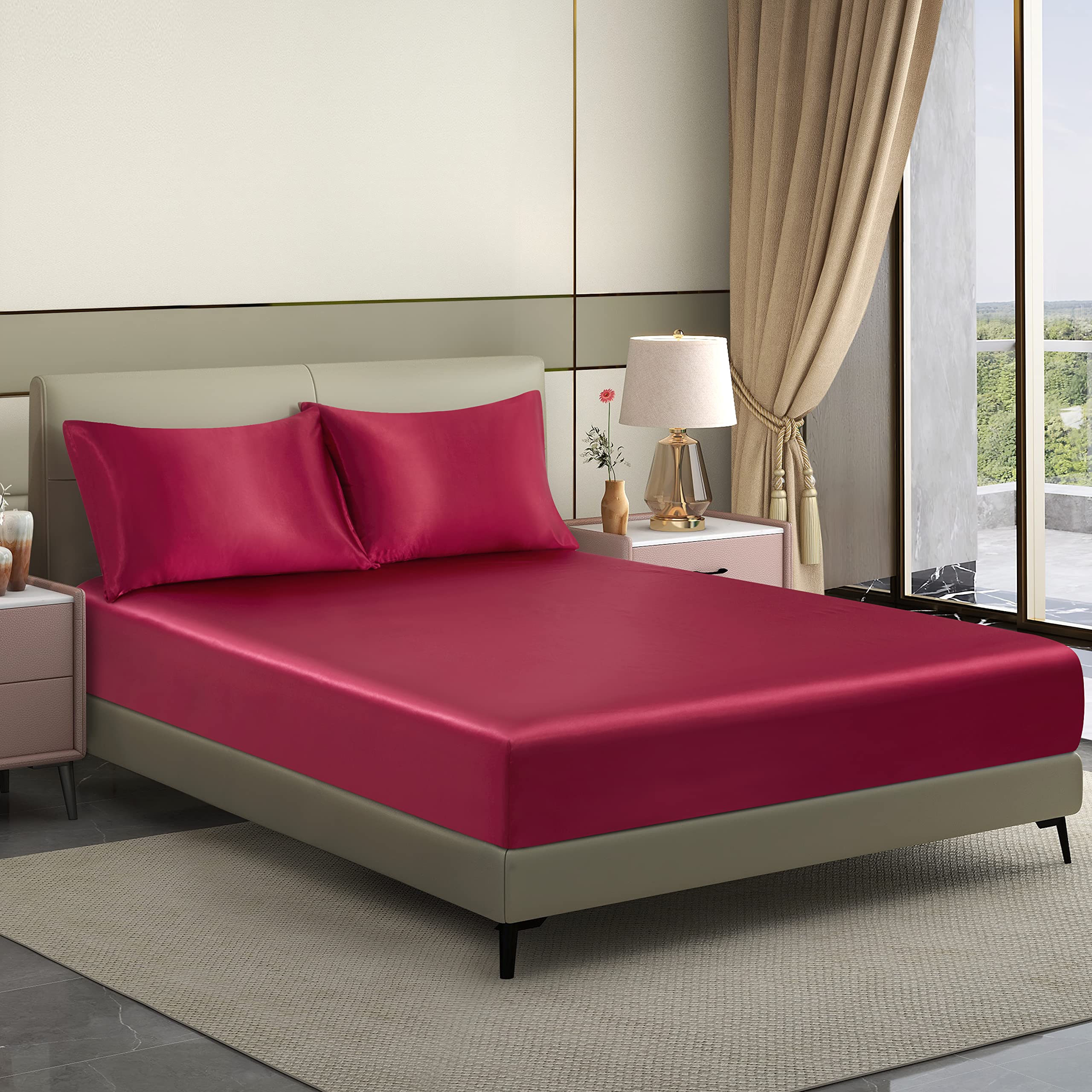 Deng Chao Satin Fitted Sheet, Full Size Wine Red 15