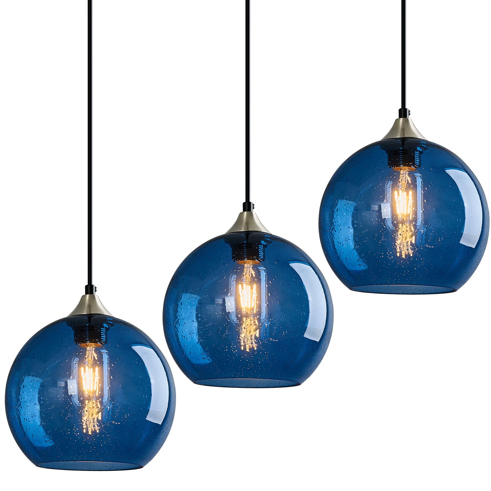 Modern Blue Glass Pendant Lights - 3-Pack Globe Pendant Light Fixtures for Kitchen Island, Bedroom, Living & Dining Room (7.87in) | Stylish Ambient Lighting for Home Decor & Restaurant Settings