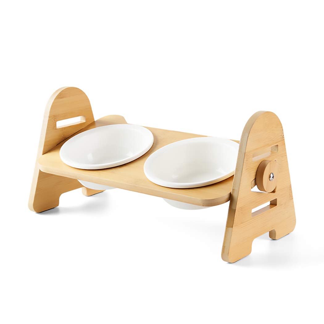 ALBOLET Adjustable Elevated Pet Bowl Stand for Cats & Small Dogs - 2 White Ceramic Food & Water Bowls - Ergonomic Raised Feeder for Better Digestion - Perfect for Kitchen, Bedroom or Pet Feeding Station