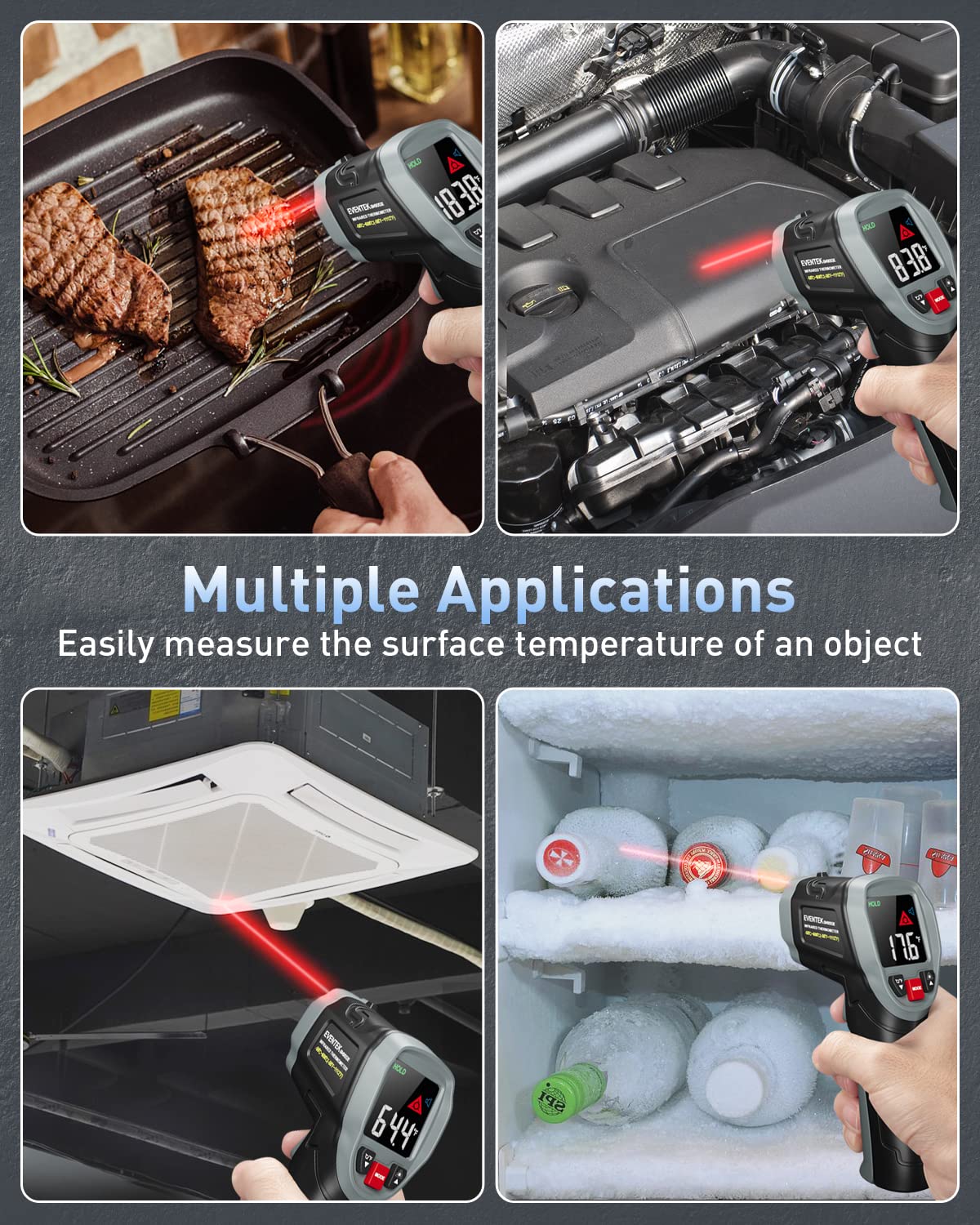 Eventek Digital Infrared Thermometer Gun -58°F to 1112°F (-50°C to 600°C) with Laser Pointer, Adjustable Emissivity - 3-in-1 Non-Contact Temperature Gun for Cooking, Grilling, HVAC, Automotive & Industrial Use - Includes Meat Thermometer & Carrying Bag