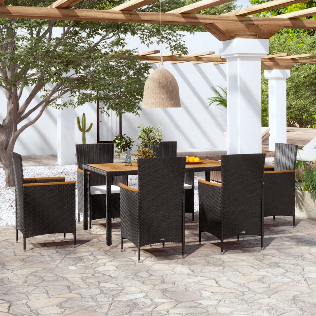 vidaXL 7-Piece Patio Dining Set with Wood Tabletop & Rattan Chairs - Black Poly Rattan Outdoor Furniture with Cushions | Perfect for Backyard, Garden, Poolside & Patio Dining