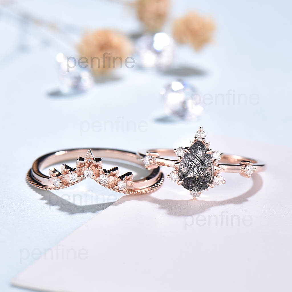 Art Deco Style Black Rutilated Quartz Pear Shaped Bridal Jewelry Set - Perfect for Weddings, Engagements & Special Occasions