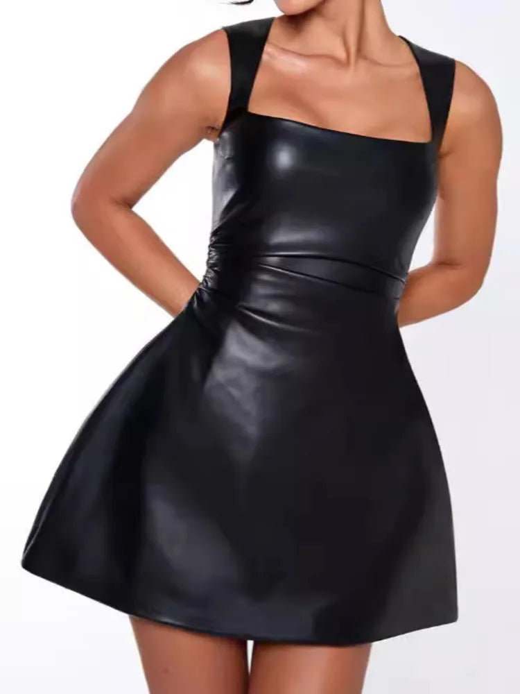 Sexy Black PU Leather Mini Dress for Women - Square Collar Sleeveless Backless High Waist A-Line Club Dress | Perfect for Night Out, Party, and Special Occasions