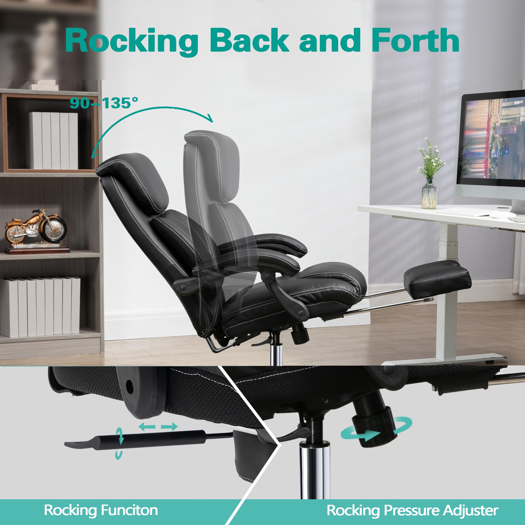 Ergonomic High Back Office Chair with Adjustable Lumbar Support & Headrest - Executive Computer Desk Chair for Home Office with Footrest, Black - Perfect for Long Work Hours & Gaming Sessions