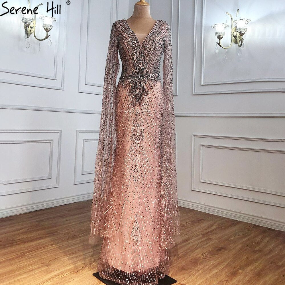 Serene Hill Luxury Grey Lace Elegant Mermaid Evening Gown with Cape Sleeves - Women's Sexy Formal Dress for Prom, Wedding, Gala & Special Occasions