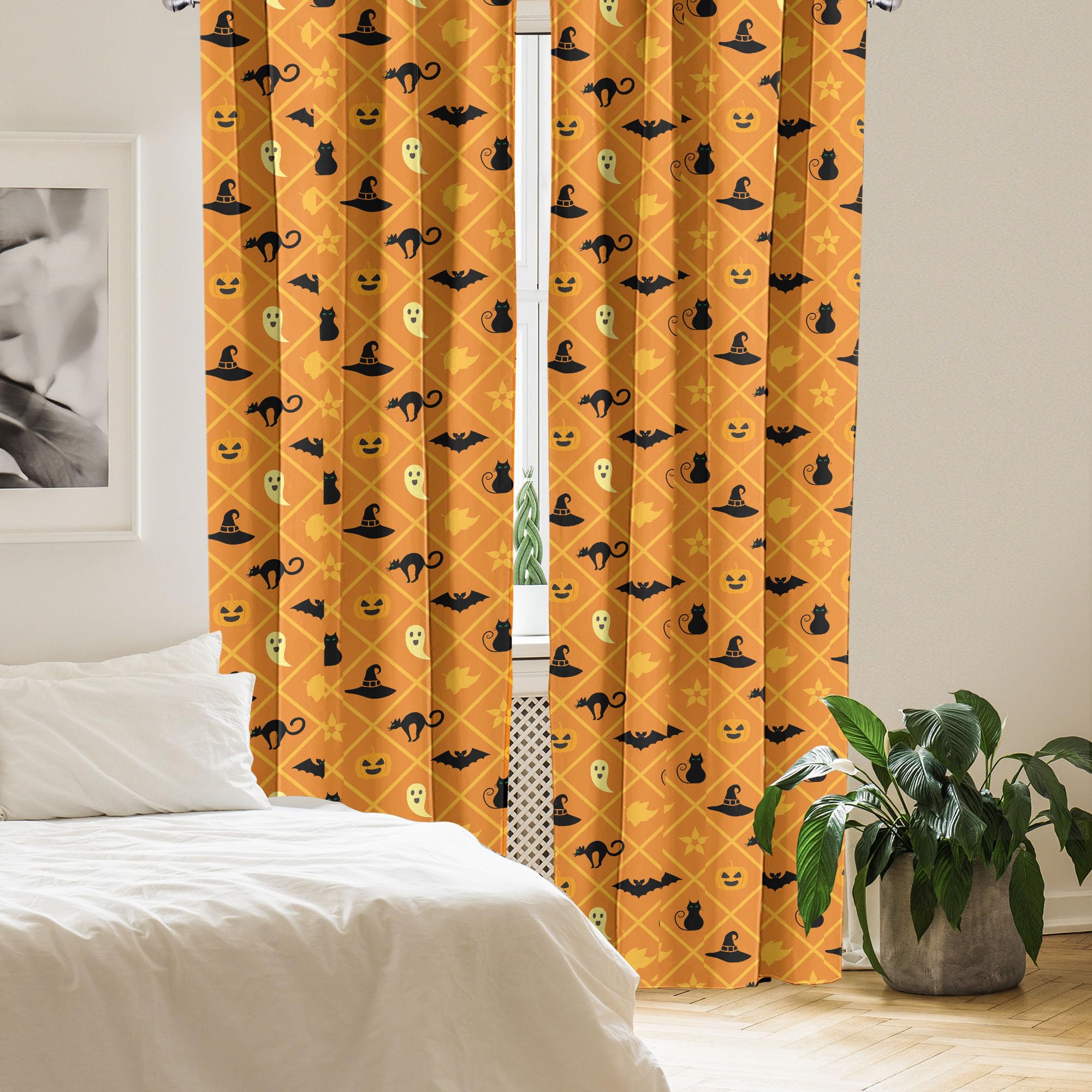 Ambesonne Halloween Ghost Window Curtains - Geometric Cat Hat Bat Ghost Leaves Pumpkin Print, Lightweight Blackout Decor 2-Panel Set with Rod Pocket (28