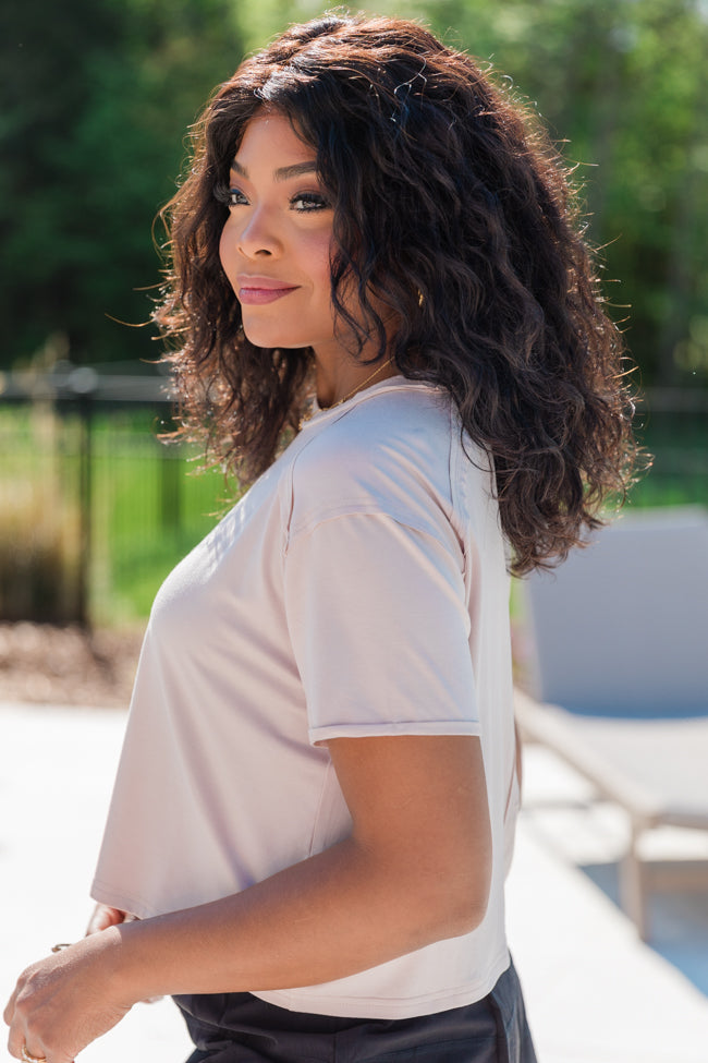 One Step Ahead Taupe Cropped Tee | Women's Casual Short Sleeve Shirt | Perfect for Summer Outfits & Layering