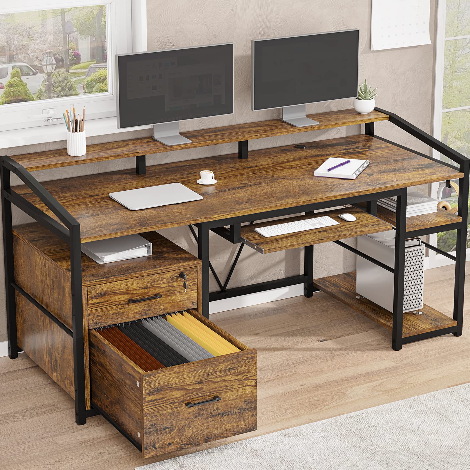 SEDETA Rustic Brown Computer Desk with Lockable File Drawers, Keyboard Tray & Monitor Shelf - Home Office Desk for Printer, Legal/Letter/A4 Storage - Perfect for Small Spaces, Remote Work & Study Areas