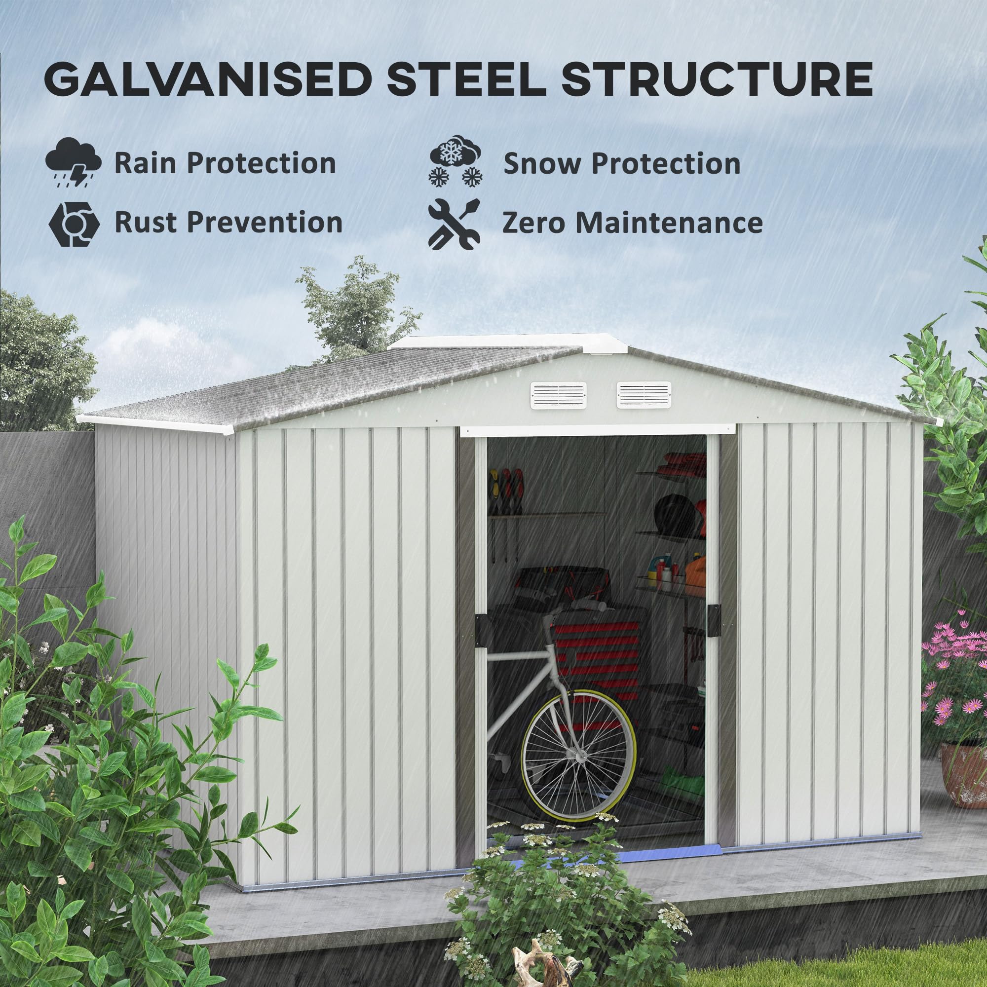 Outsunny 9' x 6' Outdoor Metal Storage Shed with Foundation Kit - Double Lockable Doors, Air Vents & Sloping Roof - Durable Garden Tool Shed for Backyard, Patio, Lawn (Silver) - Perfect for Storing Lawn Mowers, Bikes & Seasonal Items