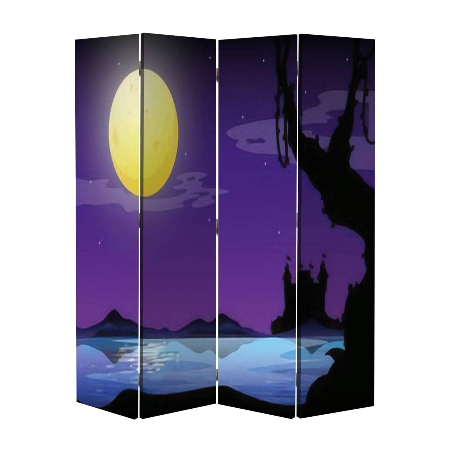 4 Panel Canvas Room Divider - Full Moon Night with Purple Sky & Castle Design - Privacy Partition Screen for Home, Office, Bathroom & Bedroom - Perfect for Creating Private Spaces & Room Decoration