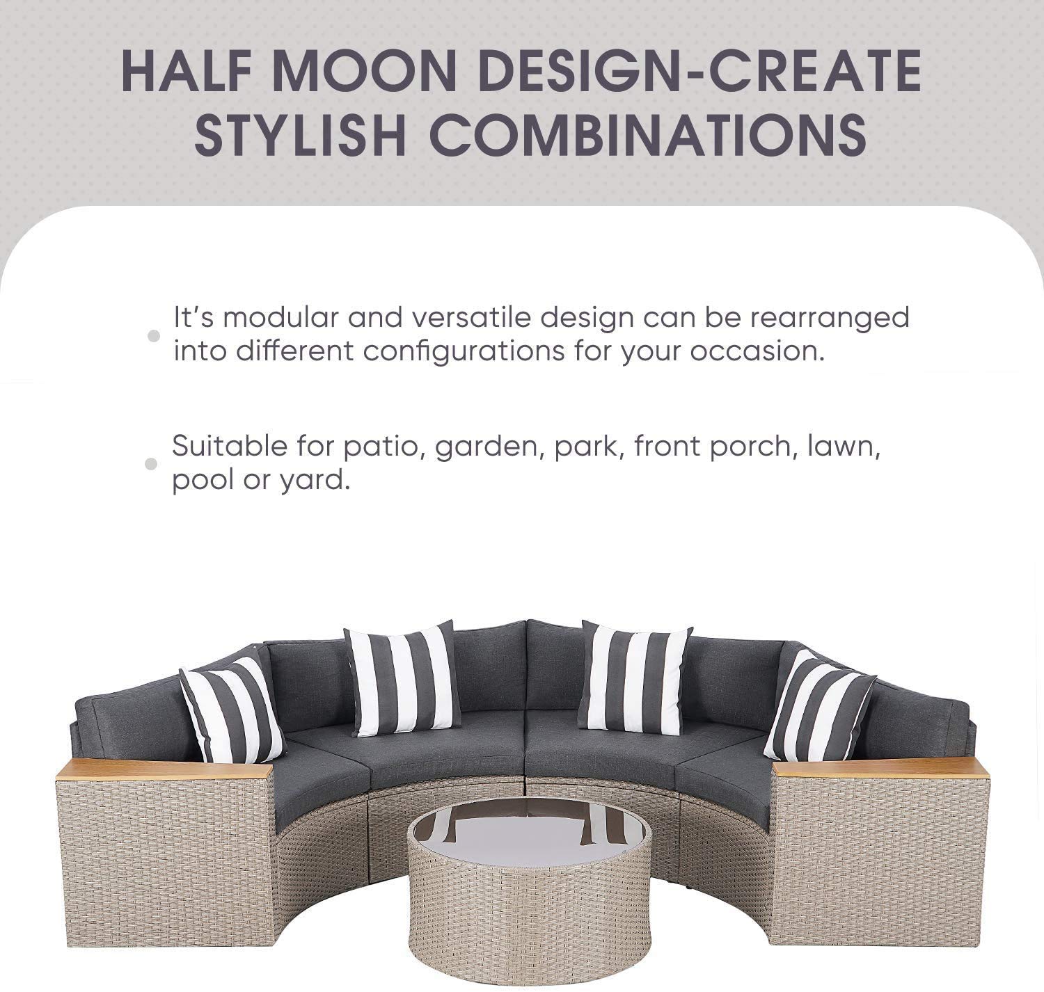 5-Piece Outdoor Patio Furniture Set - Half Moon Wicker Sectional Sofa with Glass Coffee Table for Garden, Backyard & Pool Areas (Grey) | Perfect for Relaxing, Entertaining & Outdoor Conversations