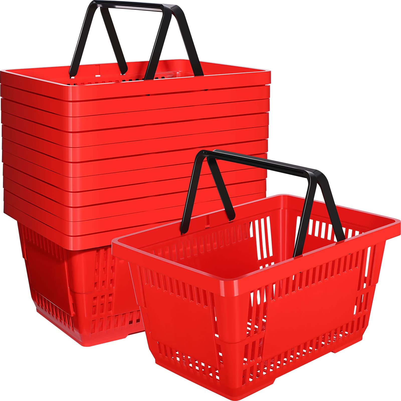 12 Pack Plastic Shopping Baskets with Handles - 20L Capacity, 16.9 x 11.8 x 9.1 Inches - Durable Retail Store Baskets for Grocery, Market, Thrift & Convenience Stores - Perfect for Organizing, Storage & Shopping (Red)