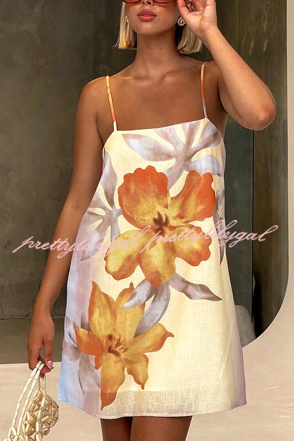 Floral Print Linen Blend Slip Mini Dress - Summer H-Line Dress for Women | Perfect for Beach Vacations, Brunch Dates & Casual Outings