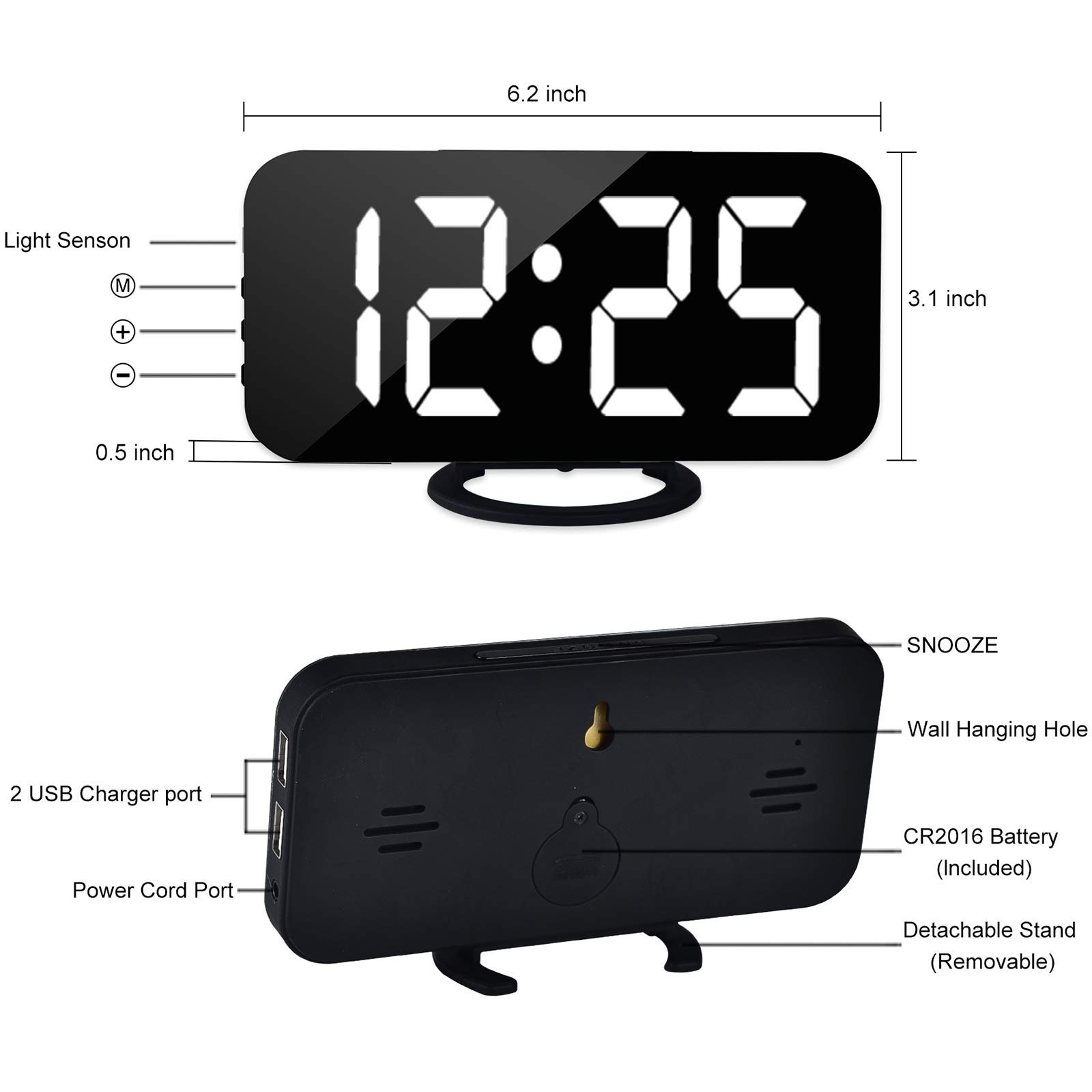 MOOGEE Digital Alarm Clock with LED Display, Auto Dimmer & 2 USB Charger Ports - Large 6.5