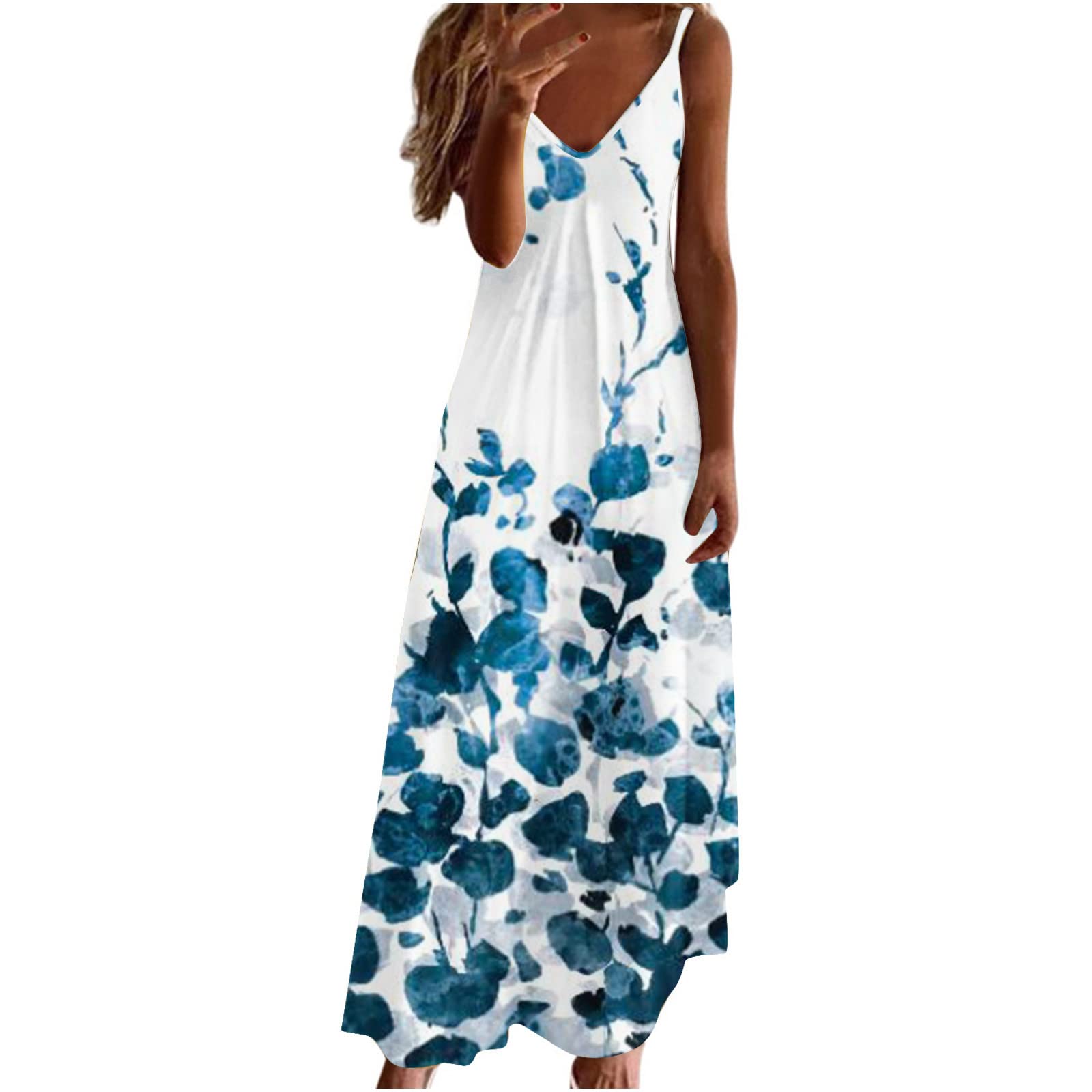 Anuyalue Women's Summer Maxi Dress 2022 - Casual Sleeveless Spaghetti Strap Boho Floral Beach Dress with Sexy V-Neck | Perfect for Vacations, Pool Parties & Date Nights