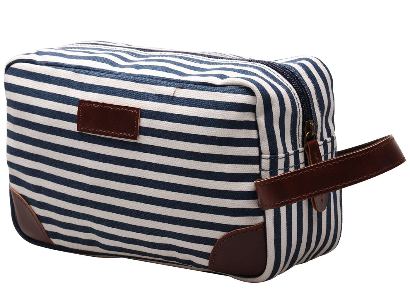 Premium Leather & Canvas Toiletry Bag for Men & Women - IBLUE Travel Dopp Kit with Shaving Organizer, Bathroom Essentials Case (Strip Color) - Perfect for Business Trips, Vacations & Gym Use