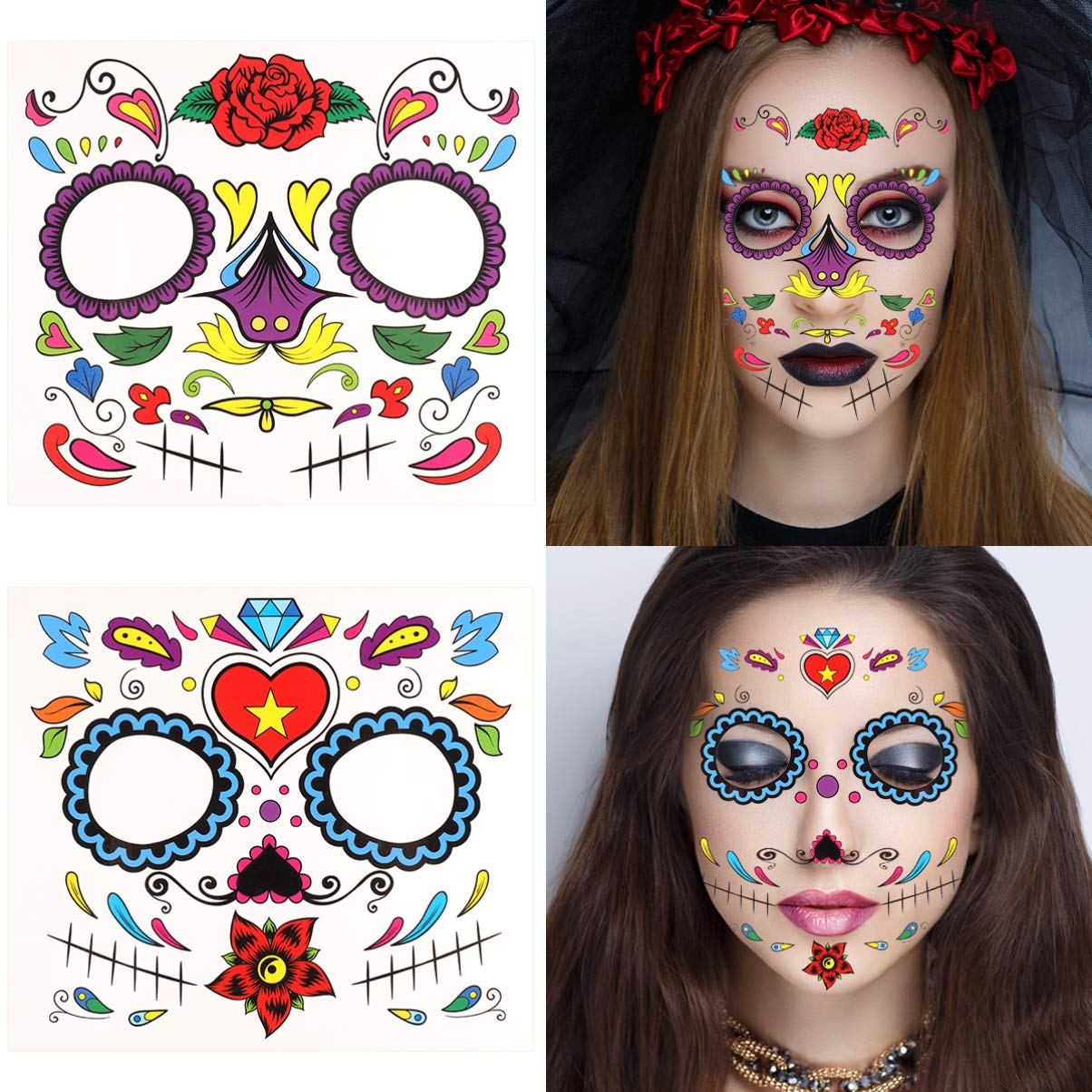 FRCOLOR 10 Sheets Halloween Temporary Tattoos - Day of The Dead Face Tattoos with Skull & Rhinestone Designs for Cosplay, Parties & Makeup | Perfect for Halloween Costumes, Festival Body Art & Themed Events