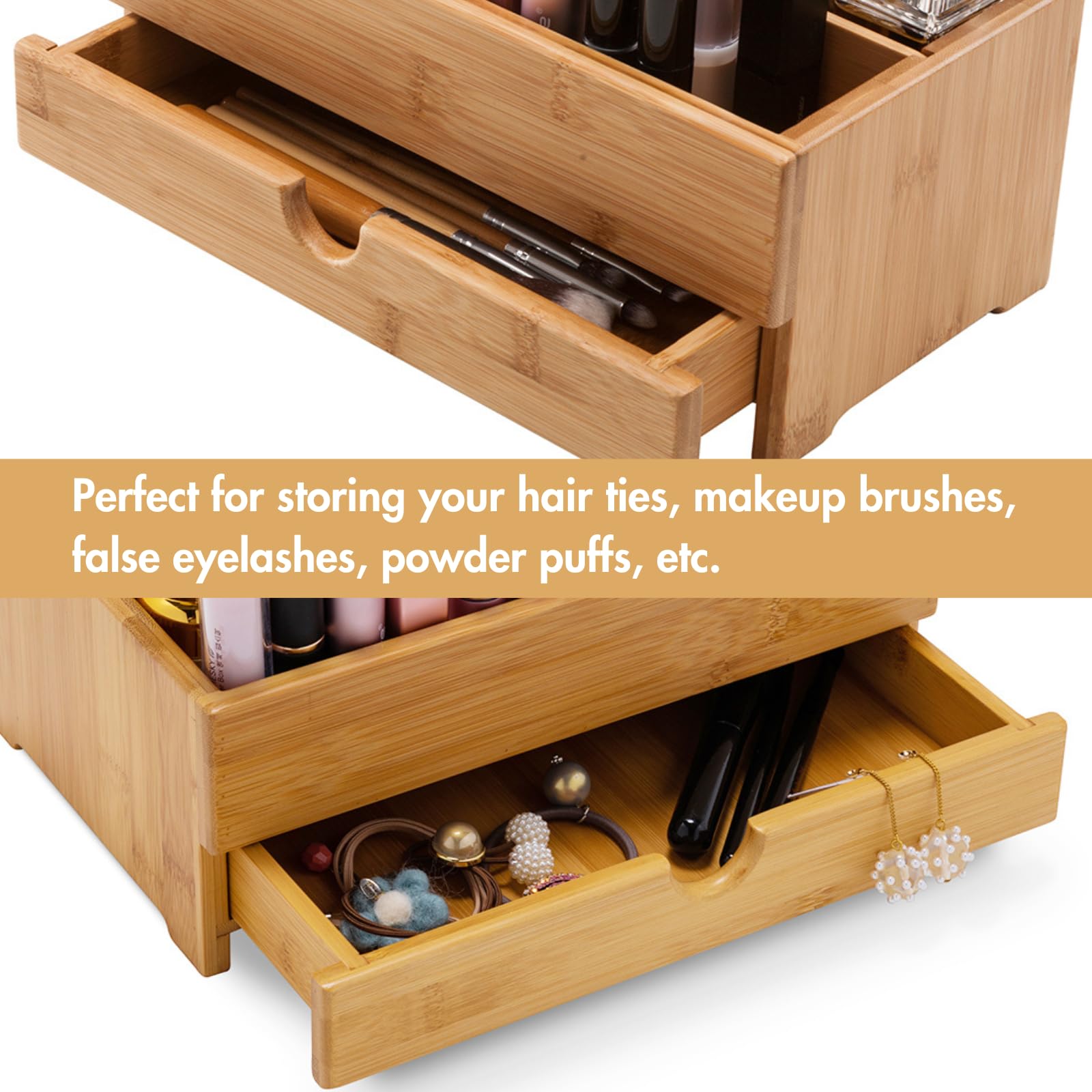 Bamboo Makeup Organizer with Drawer - Natural Wood Cosmetic Storage for Bathroom & Vanity