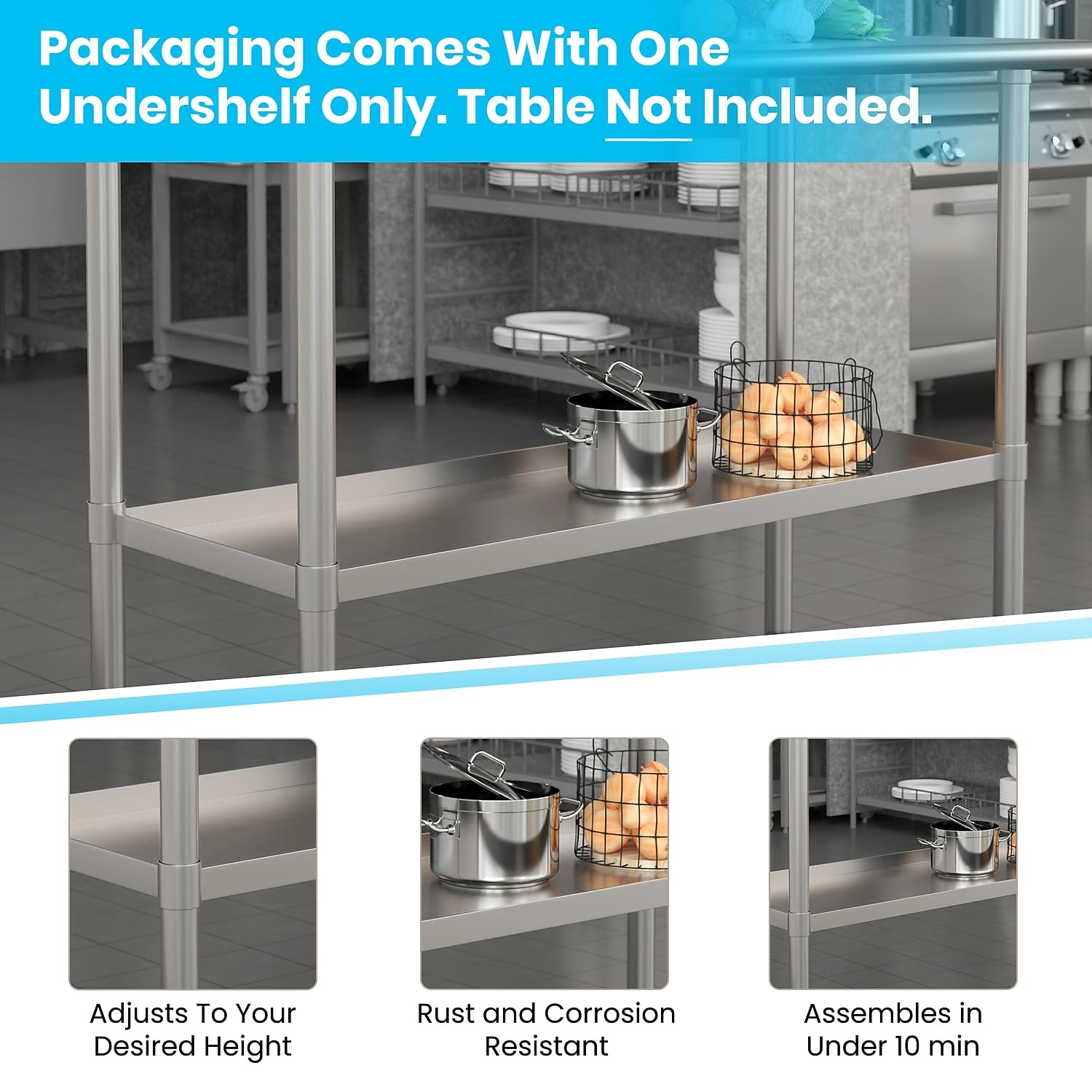 Flash Furniture Adjustable Under Shelf for 24x48 Inch Stainless Steel Work Tables - Galvanized Steel Lower Storage Shelf for Kitchen Prep & Commercial Use - Perfect for Restaurants, Cafes & Food Service Areas