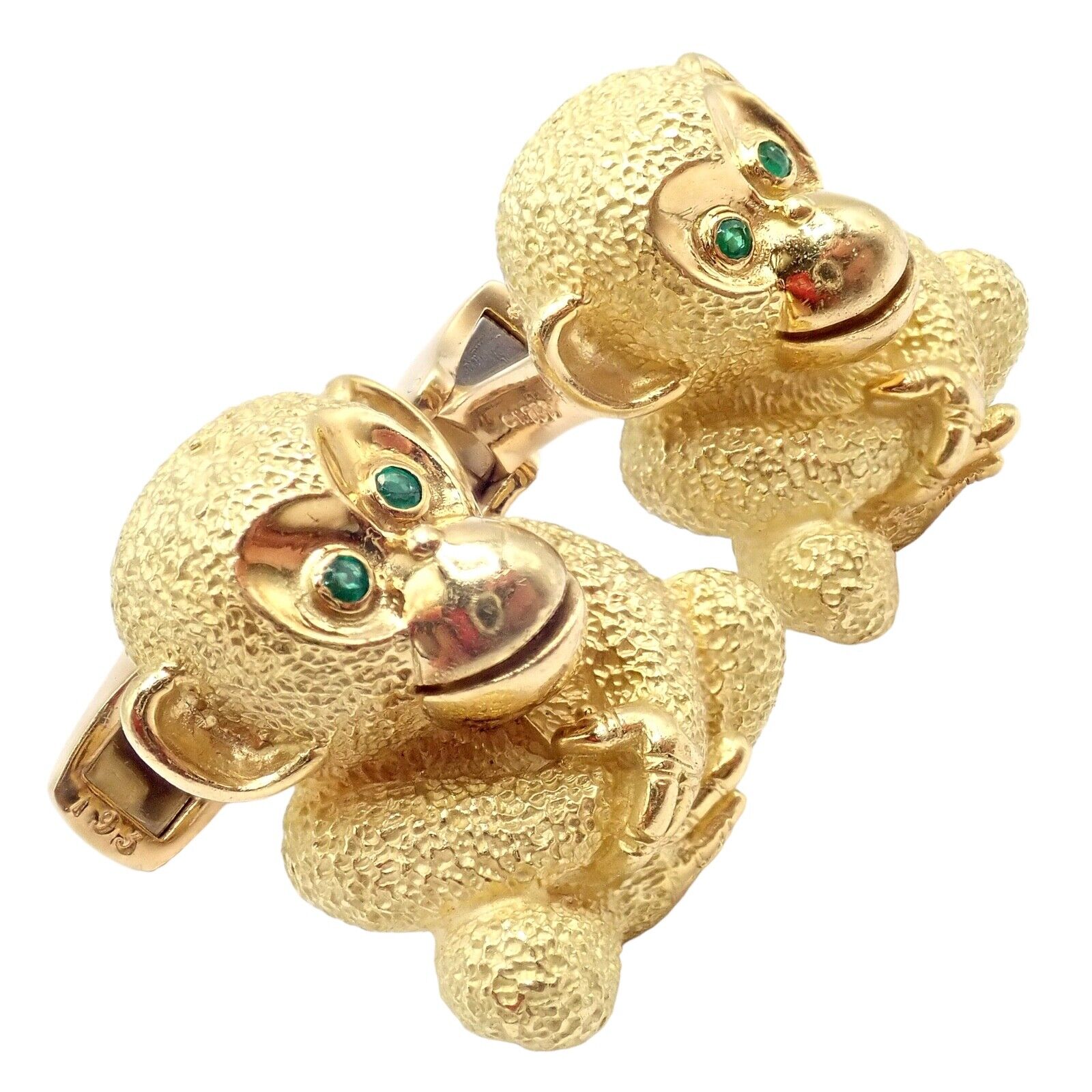 Authentic 18k Yellow Gold Emerald Whimsical Monkey Cufflinks by Kurt Wayne - Perfect for Weddings, Formal Events & Gift Giving