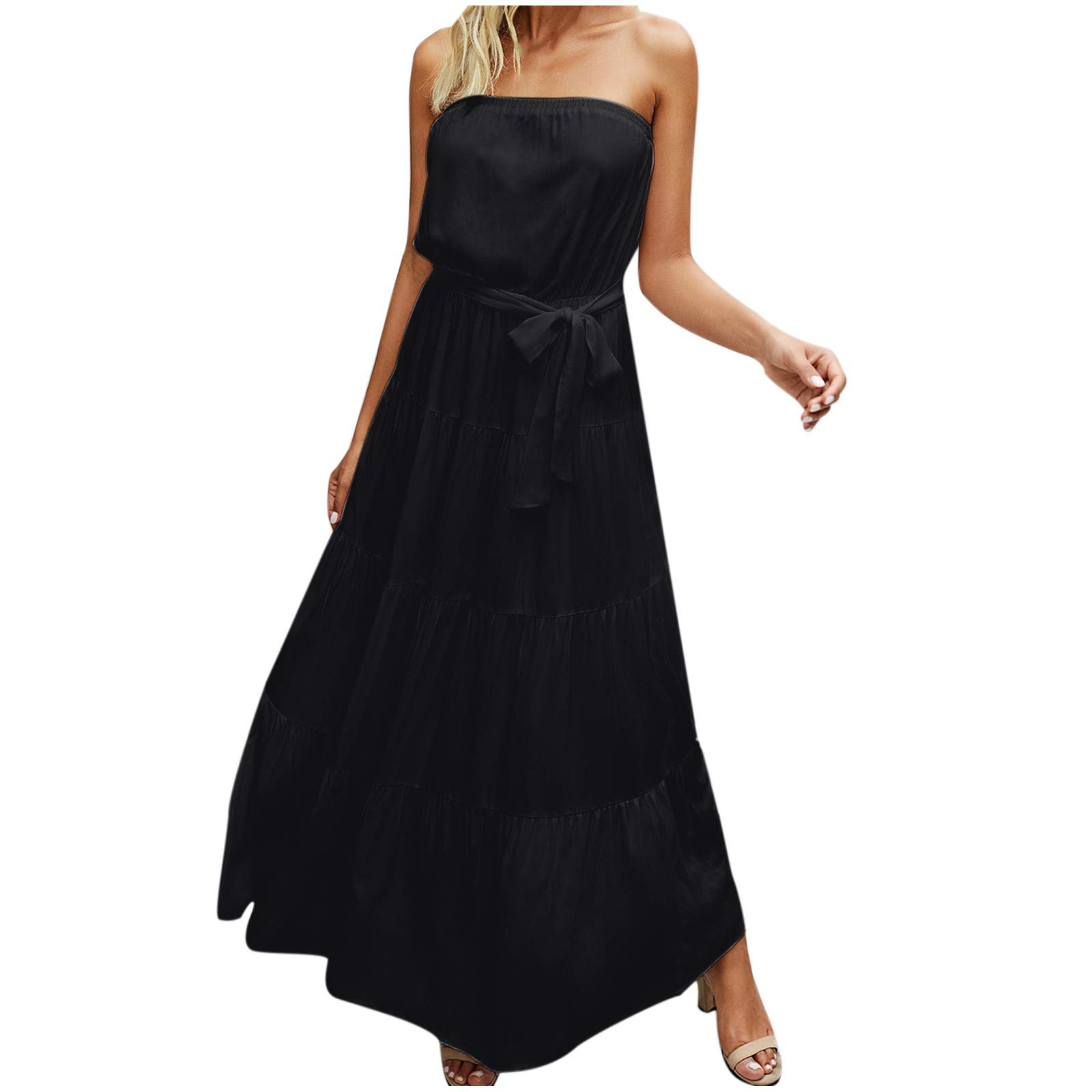 Sinzelimin Women's Maxi Dress - Summer Casual Tube Top Solid Color Loose Sleeveless Strapless Dress with Belts | Perfect for Beach, Vacation, and Outdoor Parties