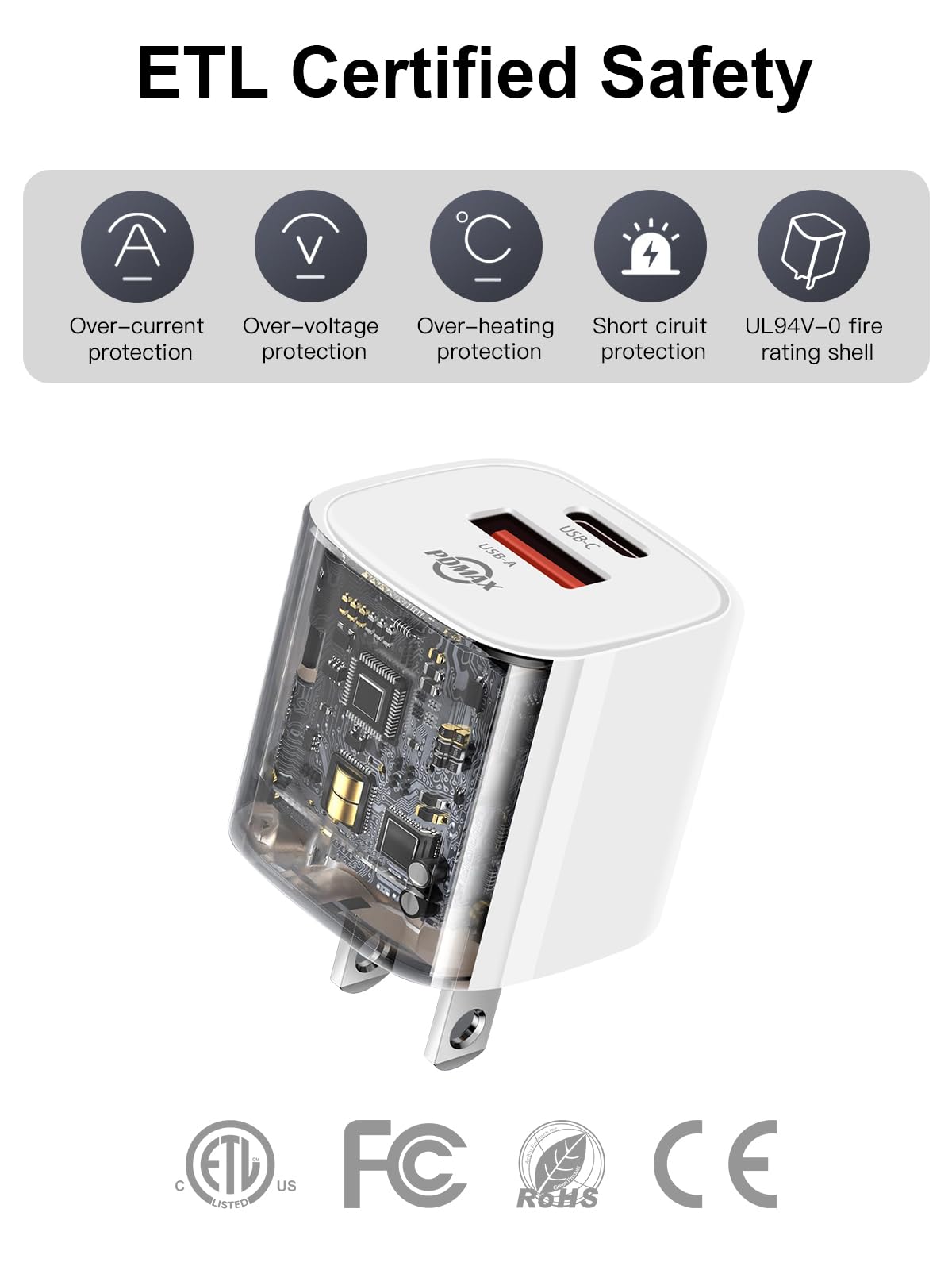 PDMAX 33W Dual Port USB C Wall Charger - Fast Charging Block with USB-C & USB-A Ports | PPS Super Fast Charging Technology | ETL Certified | Compatible with iPhone 16/15/14 Pro Max, Samsung Galaxy S23/S22, Google Pixel 8/7, iPad Pro/Air | Perfect for Home, Office & Travel Charging Needs