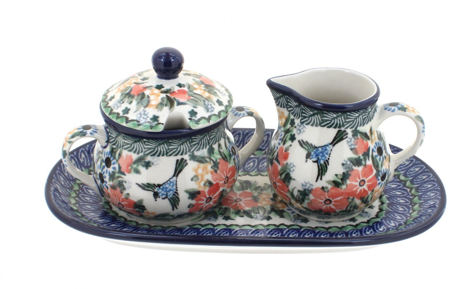 Blue Rose Polish Pottery Maria Small Cream & Sugar Set with Tray - Elegant Tea & Coffee Serving Set for Home, Kitchen, or Gift