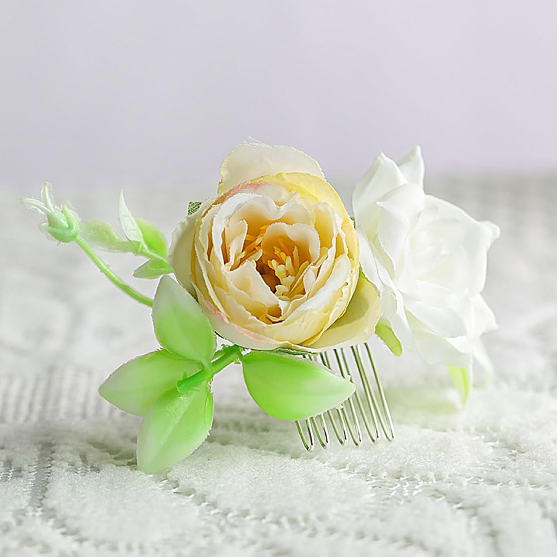 Fangsen Handmade Silk Rose Hair Comb - Elegant Wedding Hair Accessory for Brides, Bridesmaids & Flower Girls | Perfect for Mother's Day Gifts, Daily Wear, Parties & Banquets | Silver Floral Hairpin for Special Occasions & Formal Events
