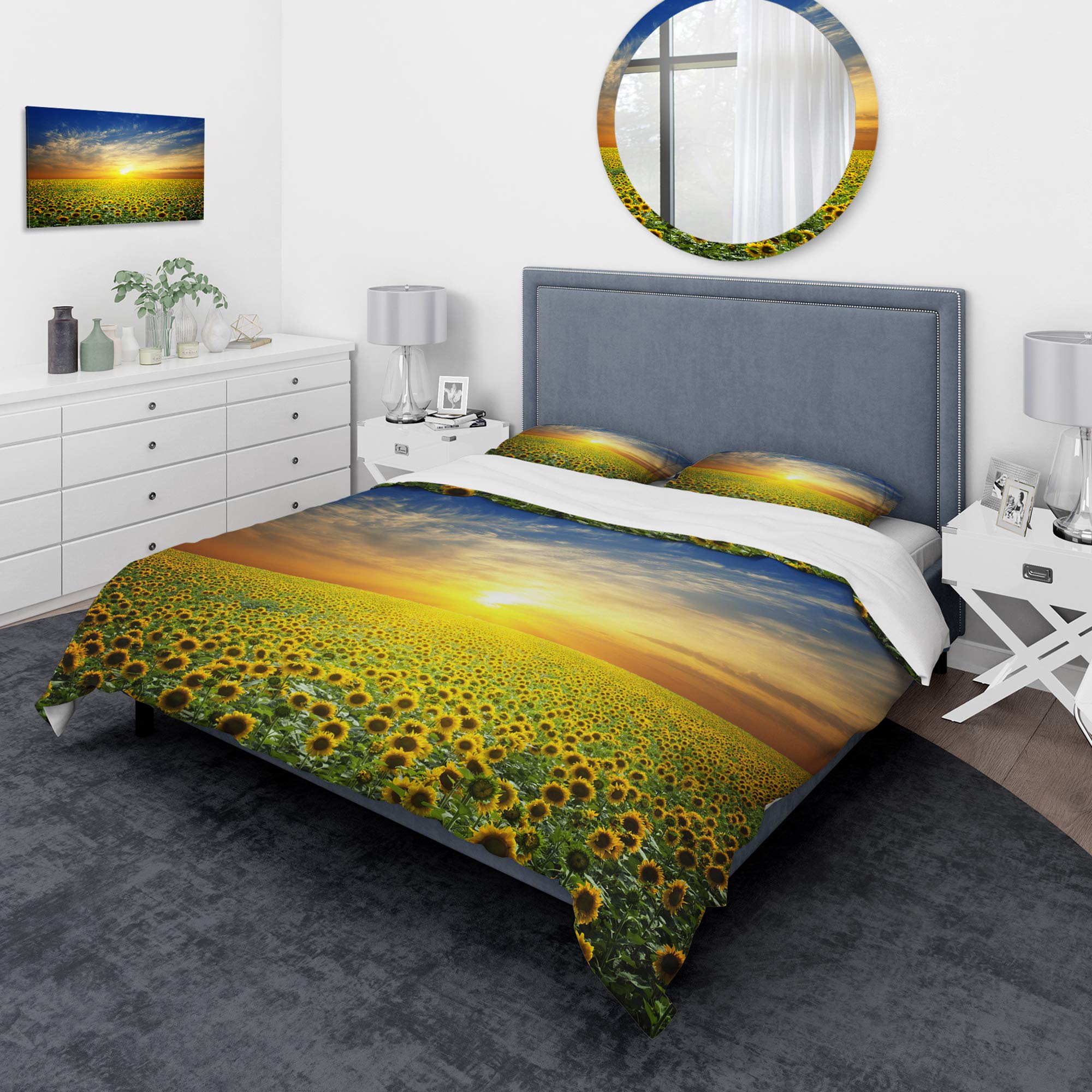 Sunflower Field Sunset Duvet Cover Set Queen - Yellow Floral Bedding 3-Piece All Season Coastal Decor for Beach House & Boho Bedroom