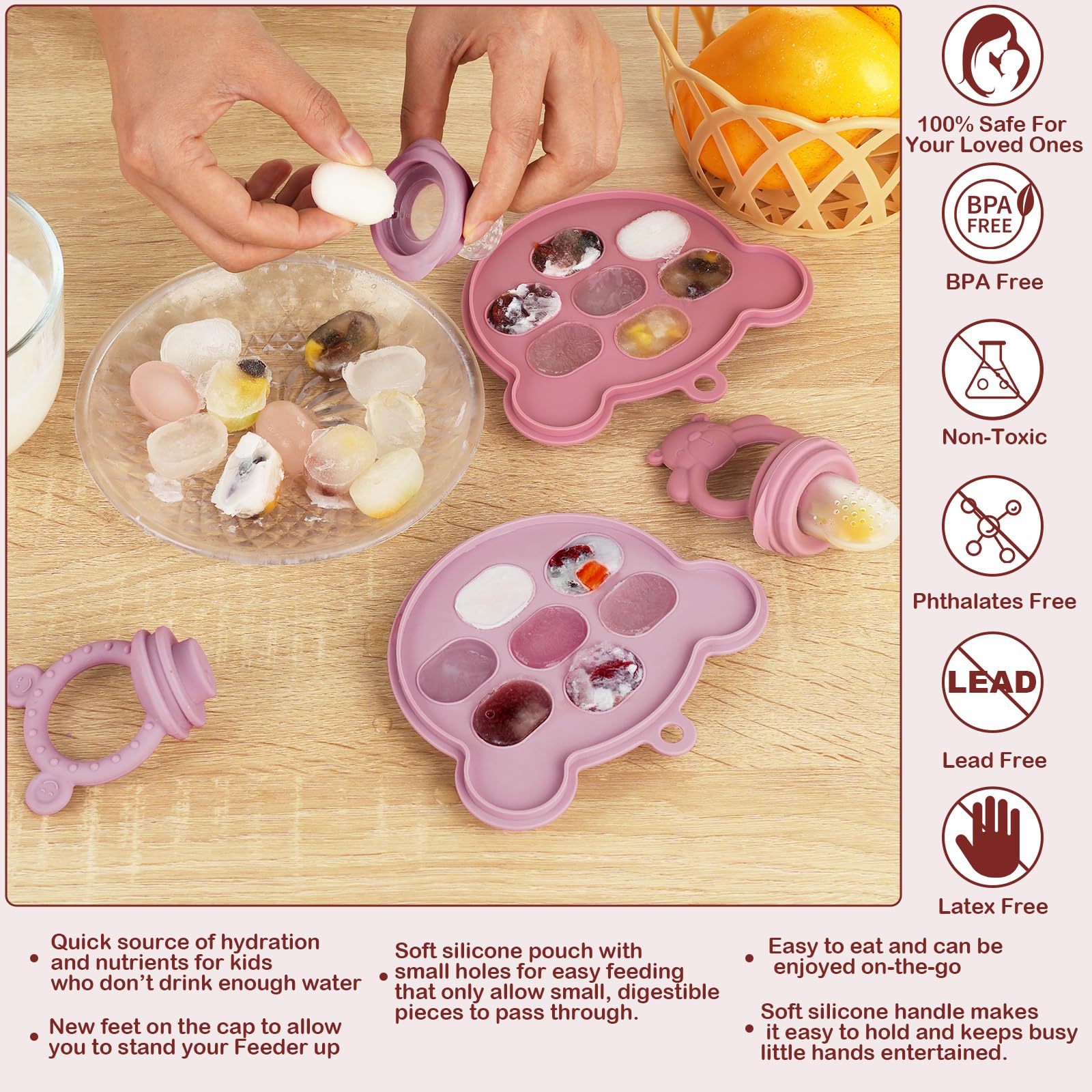 WAJIAYON 4-Pack Silicone Baby Breastmilk Popsicle Molds & Fruit Feeder - BPA-Free Freezer Storage Containers, Teething Pacifier and Soother for Infants - Perfect for Homemade Puree, Breastmilk Storage & Teething Relief (Pink)