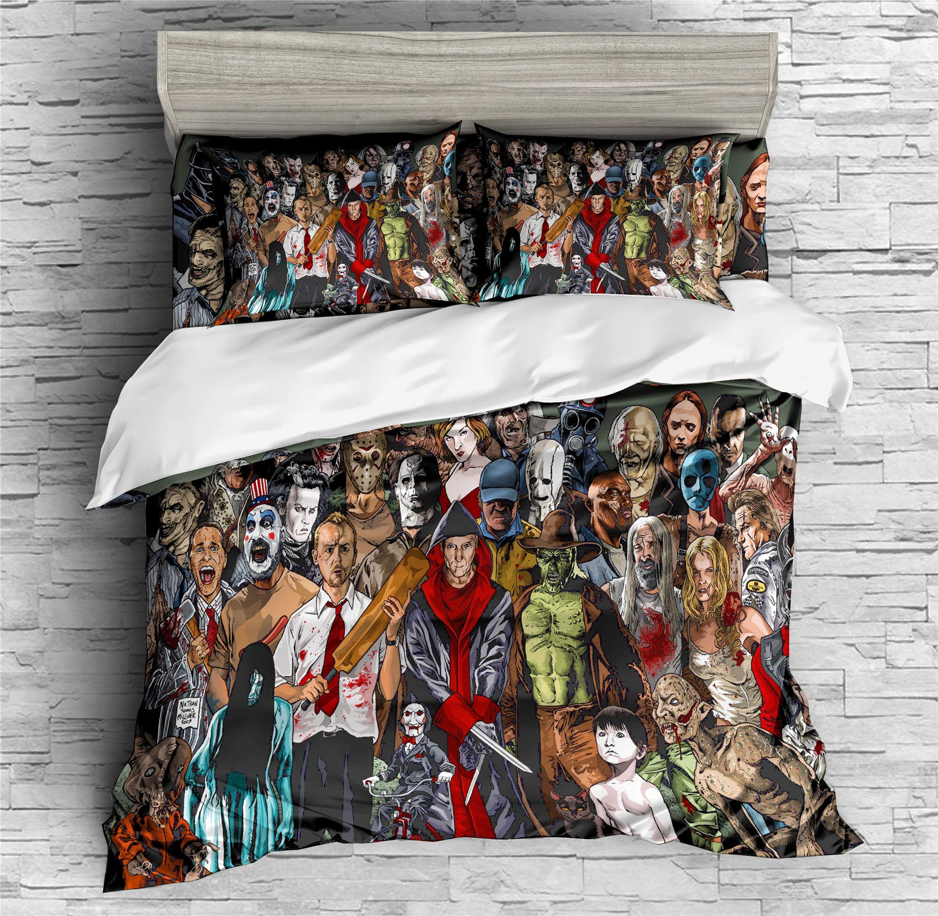 INDREAM Horror Movie Themed Duvet Cover Set - Scary Clown Bedding for Twin/Full/Queen/King Size Beds (Includes 1 Duvet Cover + 2 Pillow Shams or Sheet) - Perfect for Halloween Decor, Horror Fans & Themed Bedrooms (Queen Size, 4-Piece Set)