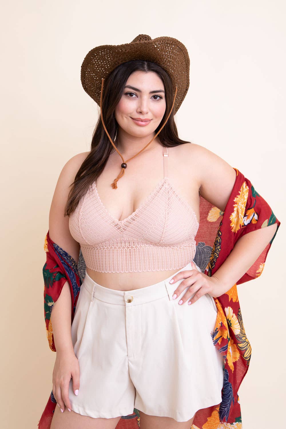 Extended Size Ribbed Lace Racerback Bralette - Comfortable Plus Size Wireless Bra for Women | Perfect for Yoga, Lounge & Everyday Wear in Blush Pink