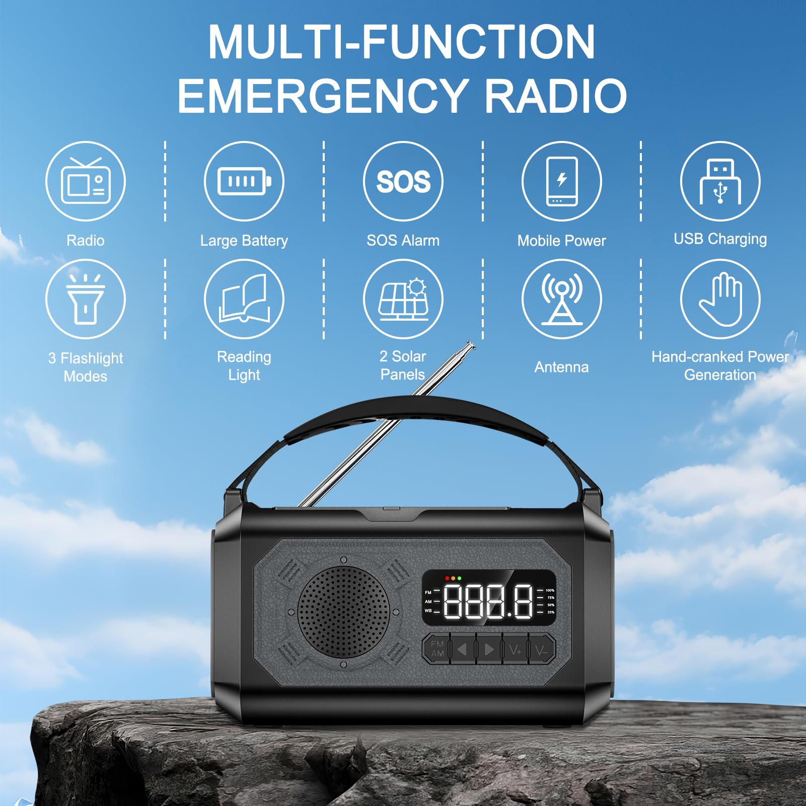 12000mAh Emergency Hand Crank Solar Radio - Portable AM/FM/NOAA Weather Alert Radio with Flashlight, Reading Lamp, SOS Alarm & Power Bank - Perfect for Home, Camping, Hiking & Outdoor Survival (Gray)