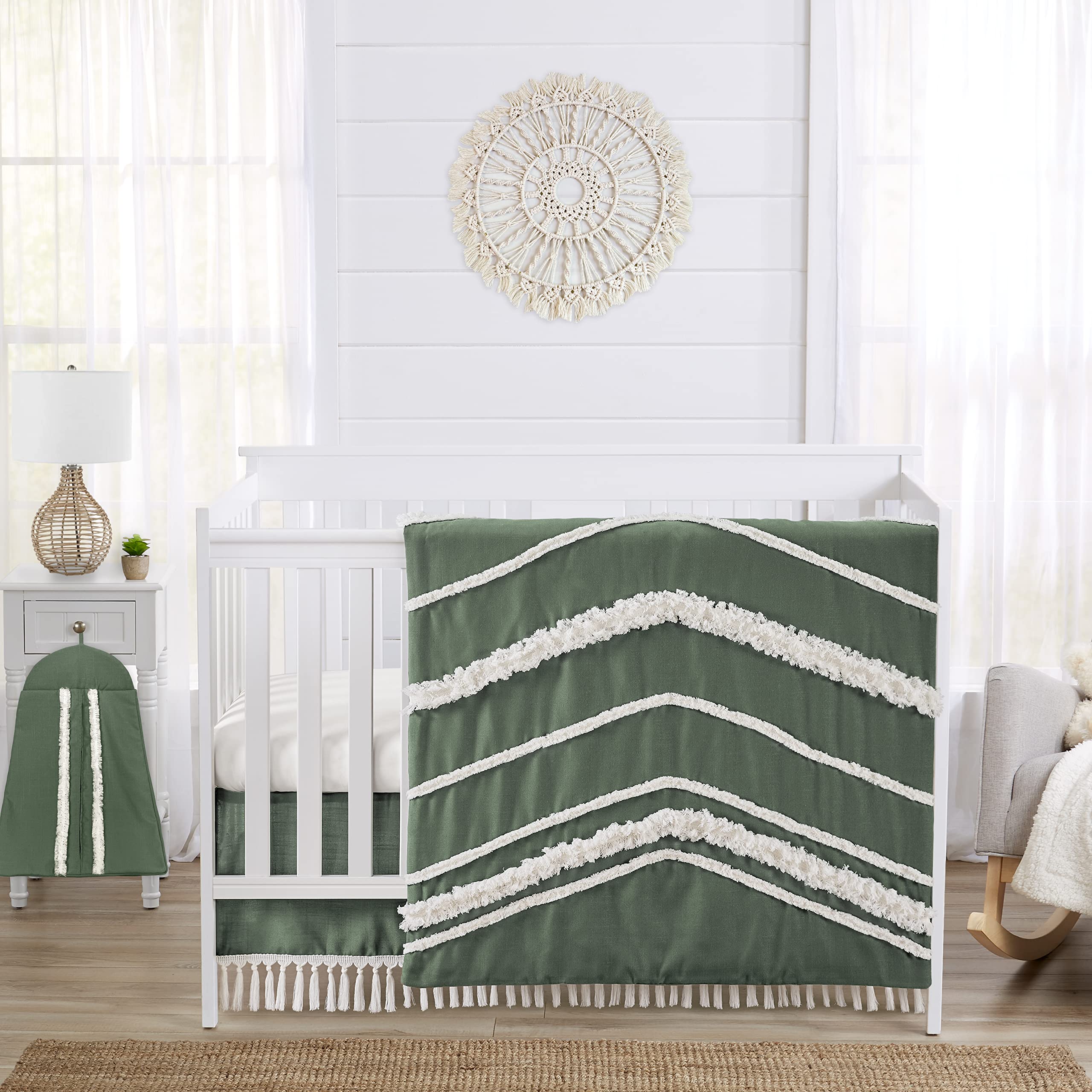 Sweet Jojo Designs 4-Piece Baby Crib Bedding Set - Boho Chic Cotton Nursery Set for Boys & Girls | Includes Blanket, Fitted Sheet, Skirt & Diaper Stacker | Sage Green Linen Chevron Neutral Farmhouse Style | Perfect for Newborn Nursery, Baby Shower Gift & Gender-Neutral Nursery Decor