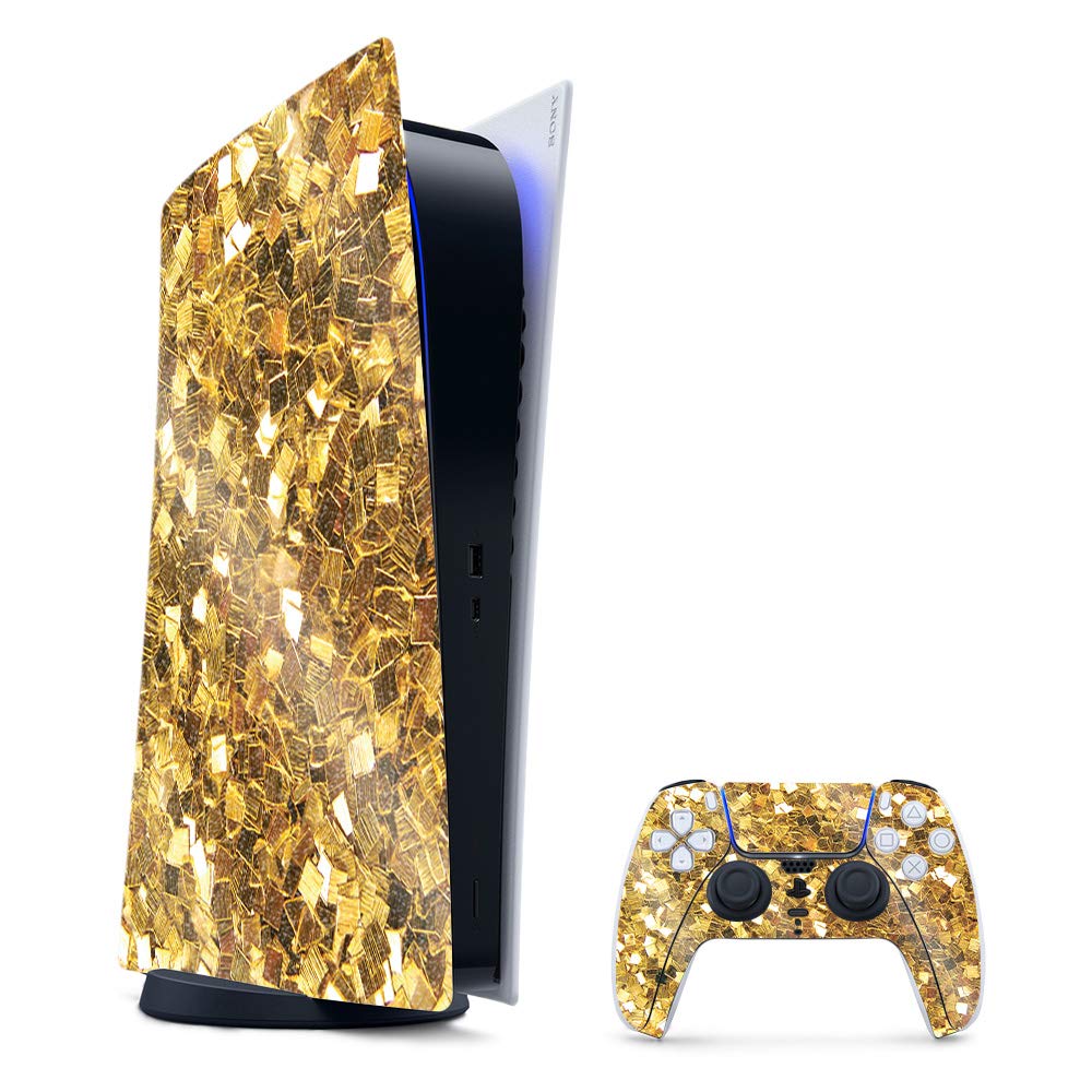 Premium Glossy Glitter Gaming Skin for PS5 & Playstation 5 Digital Edition - Gold Chips Design | Durable High-Gloss Finish | Easy to Apply & Remove | Made in USA | Perfect for Gaming Setups & Console Protection