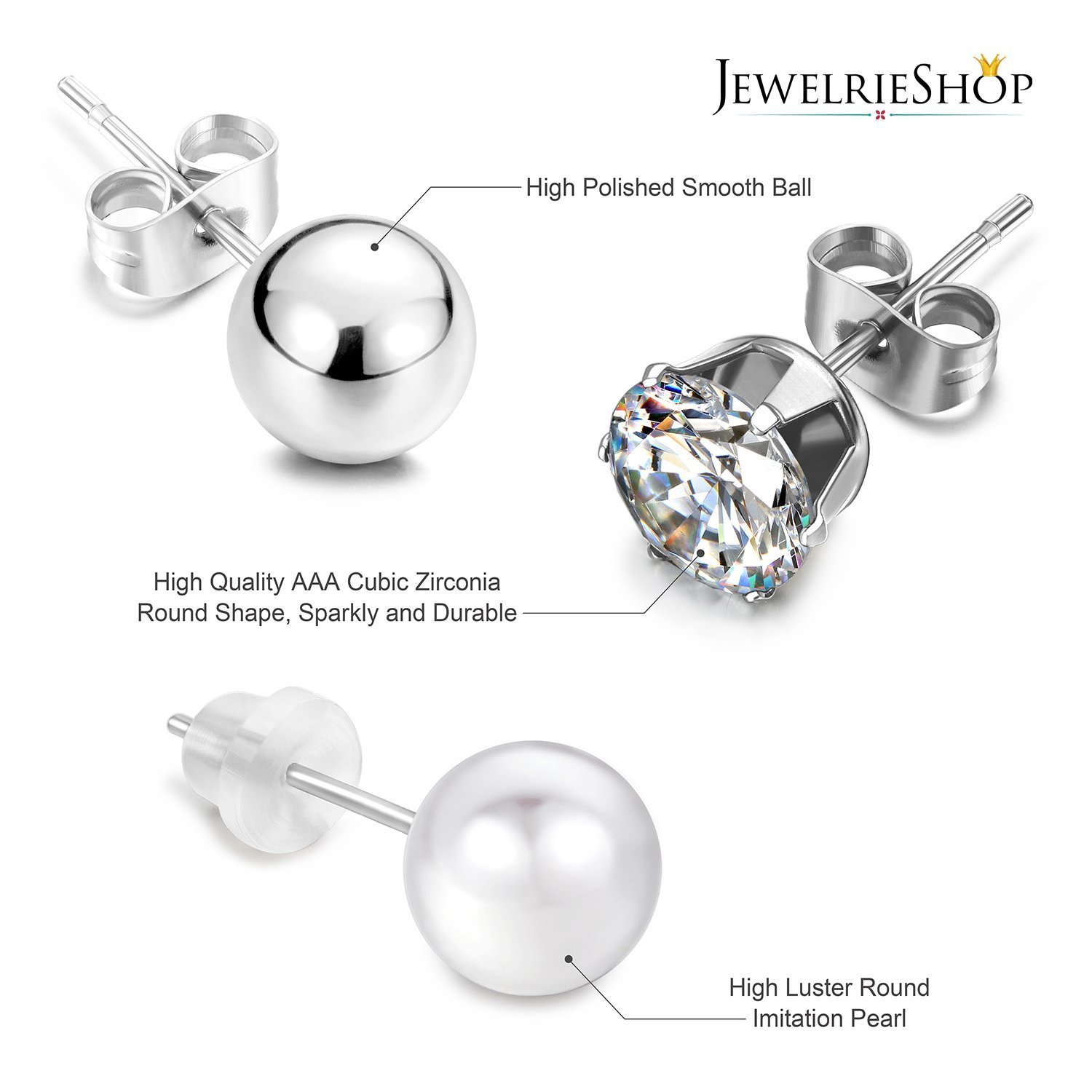 Hypoallergenic Stainless Steel Earrings Set for Women - CZ Ball, Faux Pearl & Hoop Studs | Silver Tone Jewelry for Everyday Wear, Parties & Gifts