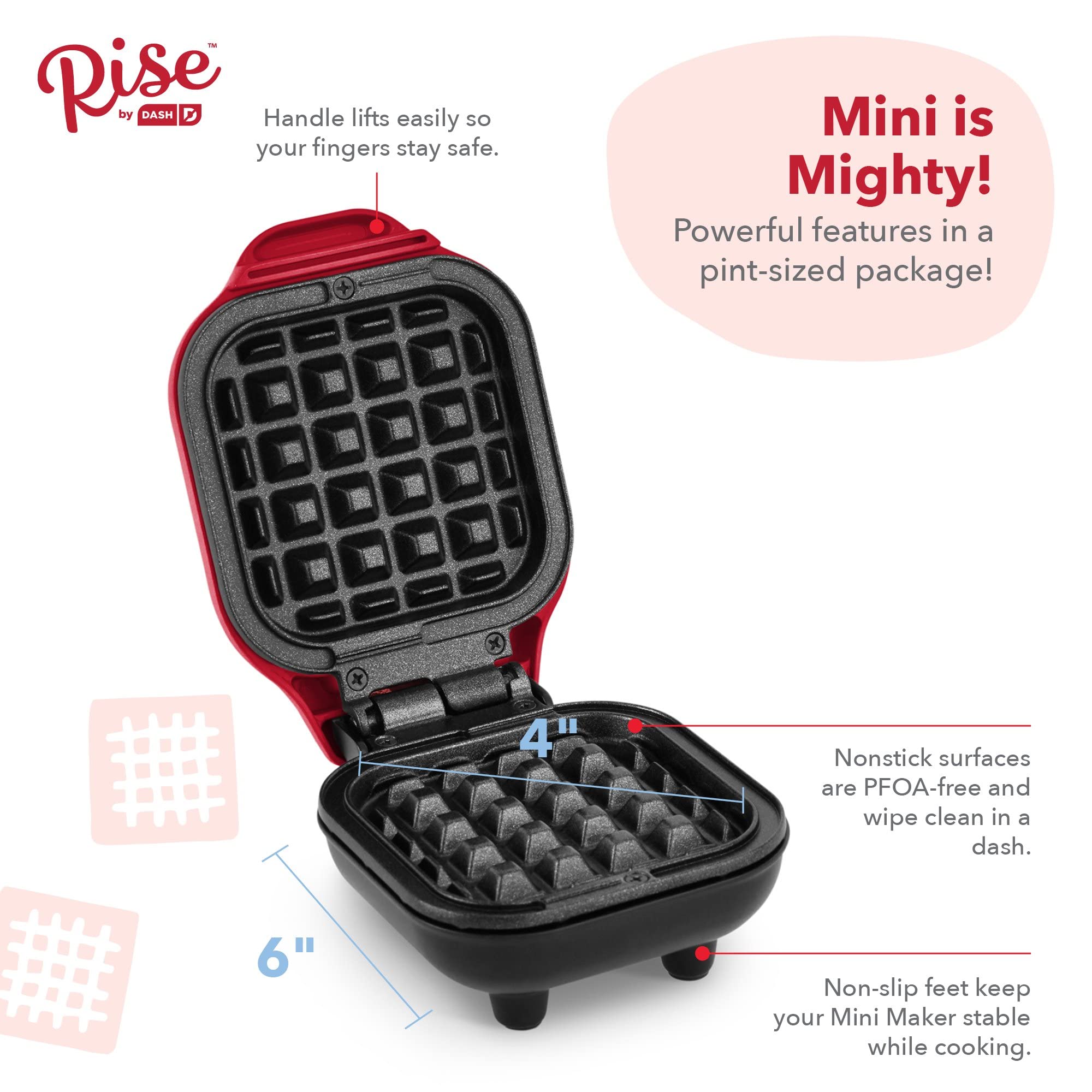 Dash Mini Waffle Maker - Compact Red Waffle Iron for Quick Breakfast, Snacks & Desserts | Perfect for Home, Office or Dorm Use