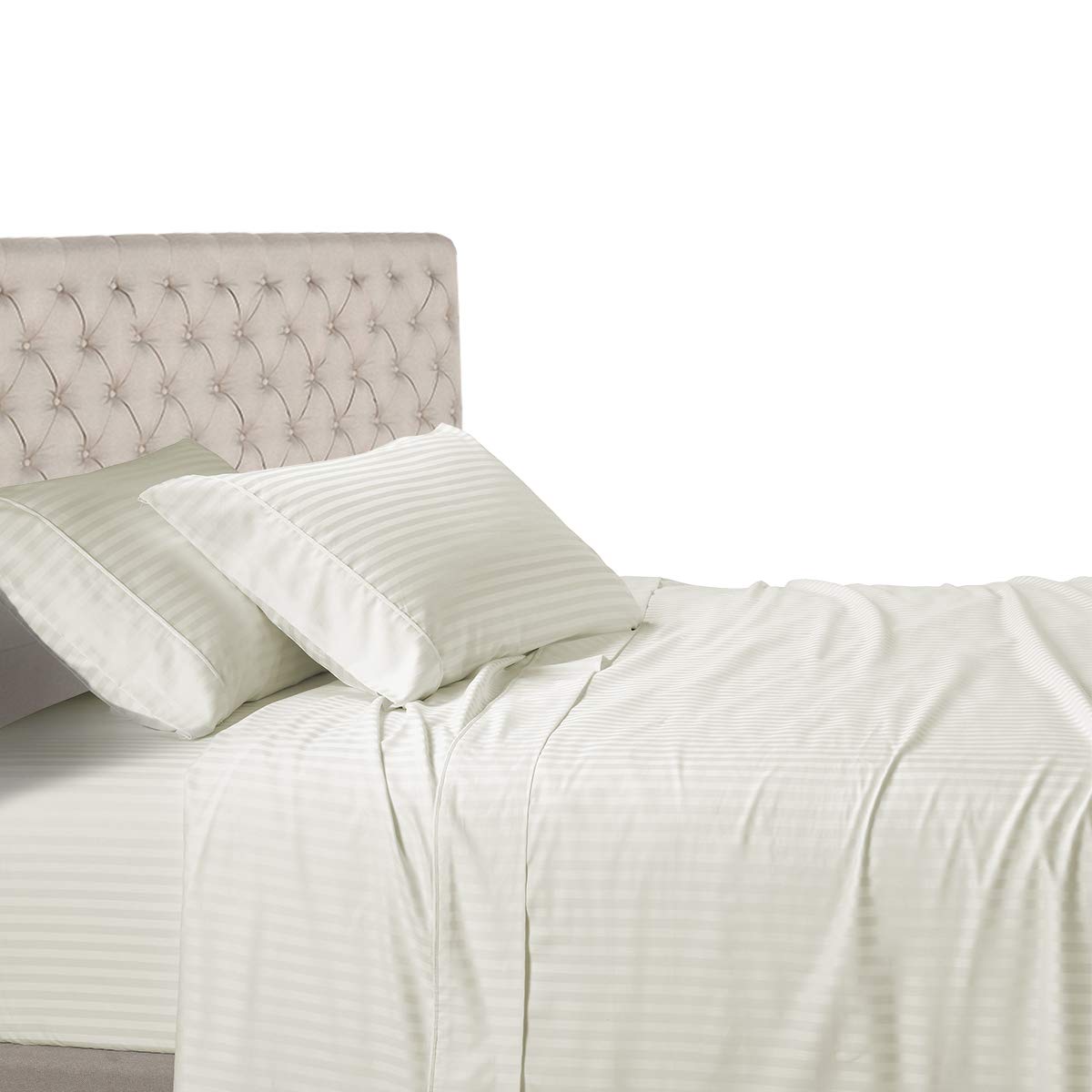 Royal Hotel Stripe Split Queen Sheets - 5-Piece 100% Cotton Bedding Set - 600 Thread Count Luxury Deep Pocket Adjustable Queen Size Sheets - Perfect for Hotels, Guest Rooms & Split Queen Beds (Ivory)