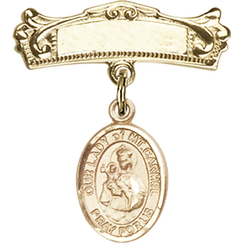 Gold Filled Baby Badge with Our Lady of Mount Carmel Charm - 7/8 X 3/4 Inch Arched Polished Pin - Perfect for Baptism Gifts, First Communion Jewelry & Religious Keepsakes