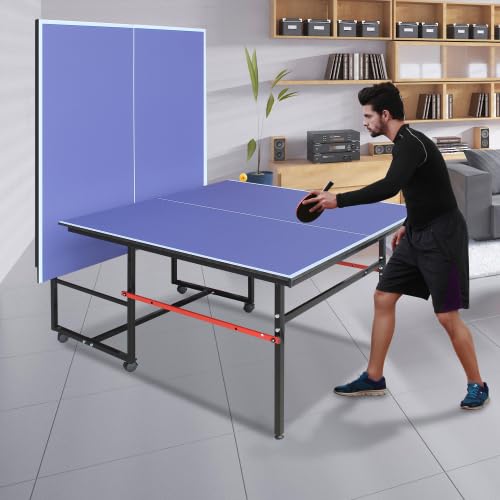 Regulation Size Folding Ping Pong Table with 2 Paddles & 3 Balls | Portable Indoor/Outdoor Table Tennis Set with Net & Wheels | Perfect for Home, Office, Backyard & Game Room (Blue)