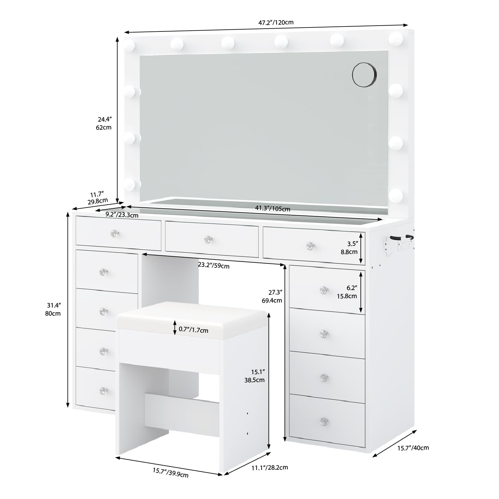 Vanity Desk with Power Outlet & LED Lights - Makeup Vanity Table with Mirror, 11 Drawers & Adjustable Brightness (3 Lighting Modes) - Includes Chair - Perfect for Bedroom, Dressing Room & Beauty Salon (White)