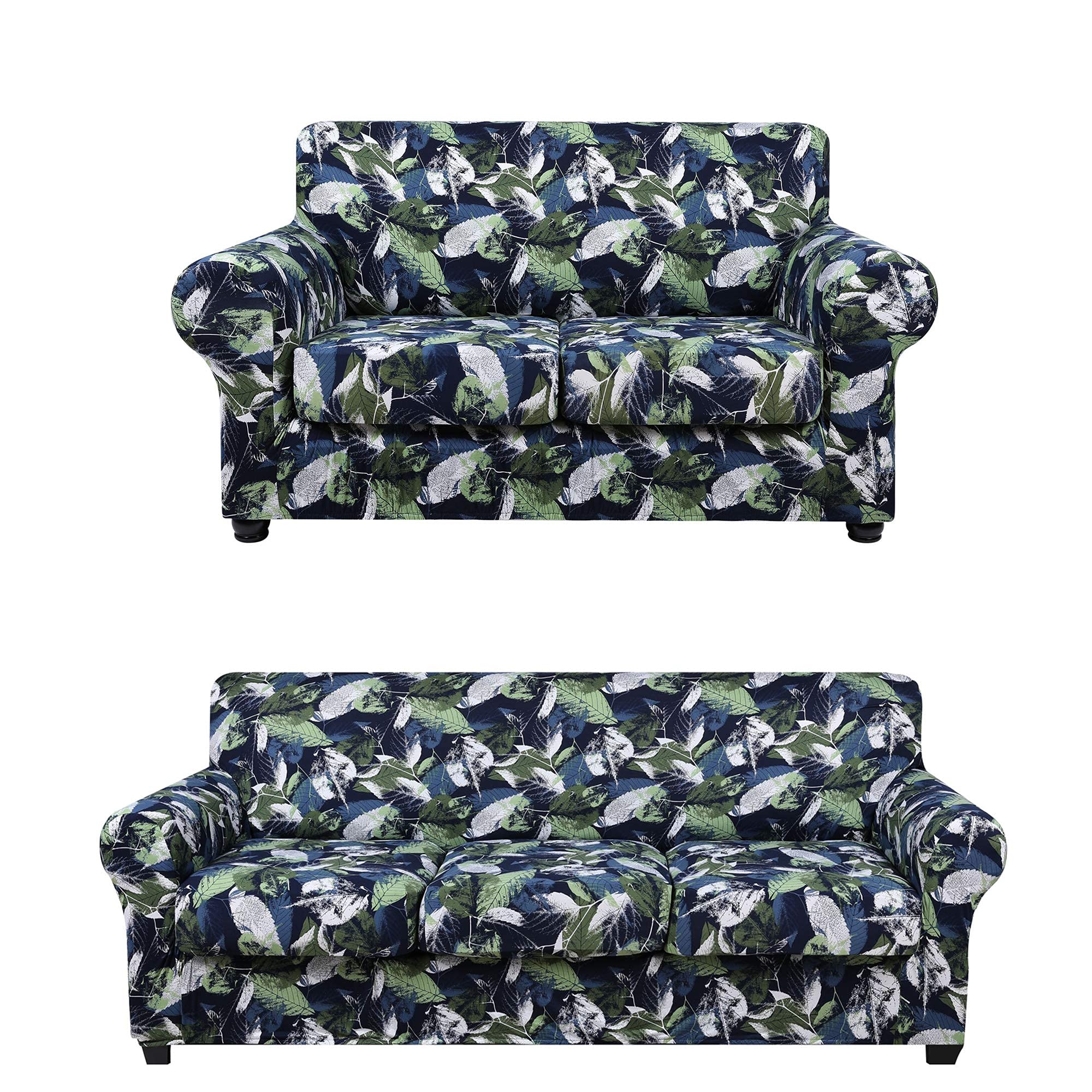 Hyha Printed Stretch Sofa Covers Set - 3 Cushion Couch Cover (72-96 Inches) & Loveseat Cover (58-72 Inches) - Leaf Pattern - Soft Spandex Fabric - Perfect for Living Room, Apartment Decor and Furniture Protection
