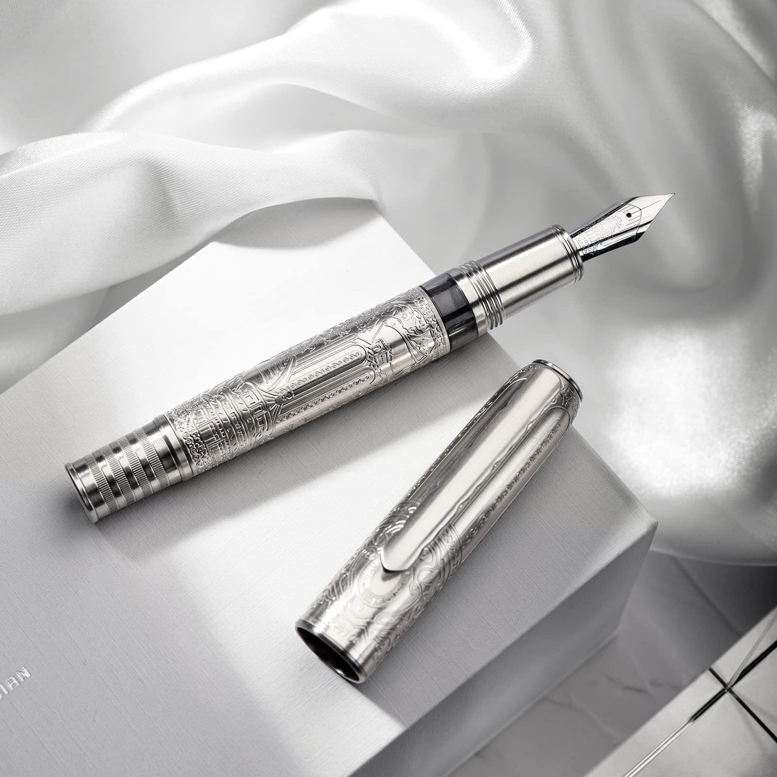Hongdian 100 Silver Steel Fountain Pen with Iridium Extra Fine Nib - Smooth Writing Calligraphy Pen for Men & Women - Perfect for Journaling, Note Taking, and Gift Giving