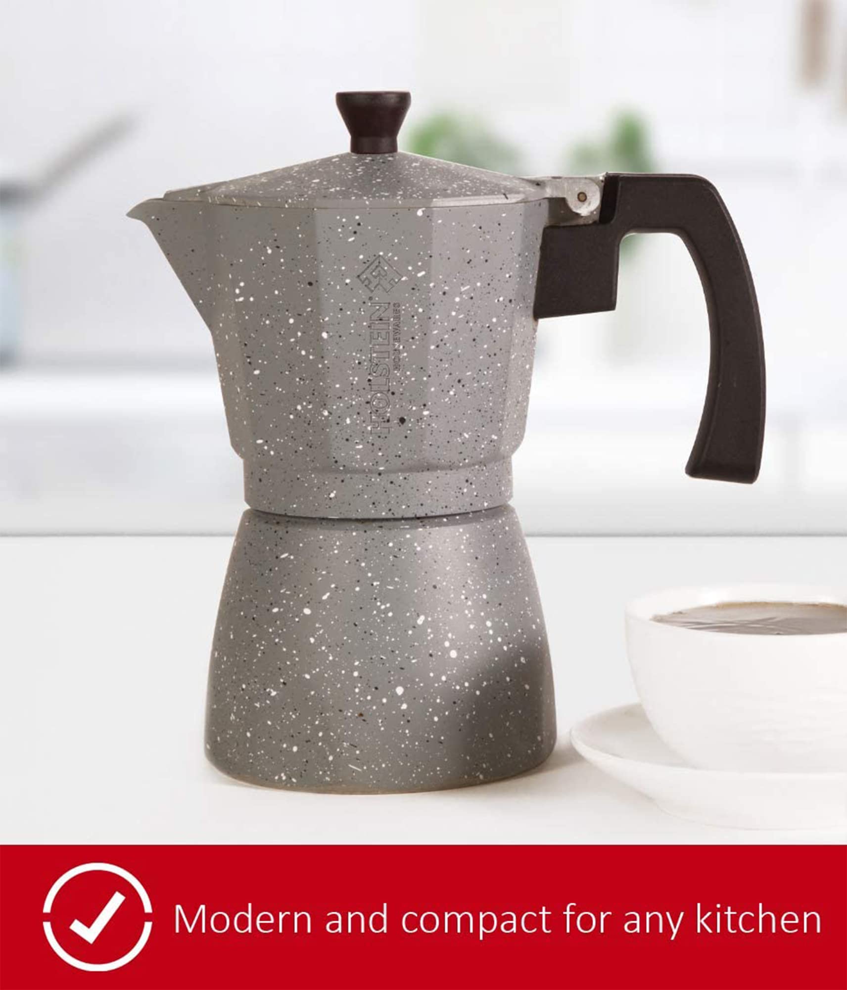 Holstein Housewares 6 Cup Aluminum Stovetop Espresso Maker - Traditional Italian Moka Pot for Rich Espresso & Cuban Coffee - Quick Brewing Silver Coffee Maker - Perfect for Home, Office & Camping Use