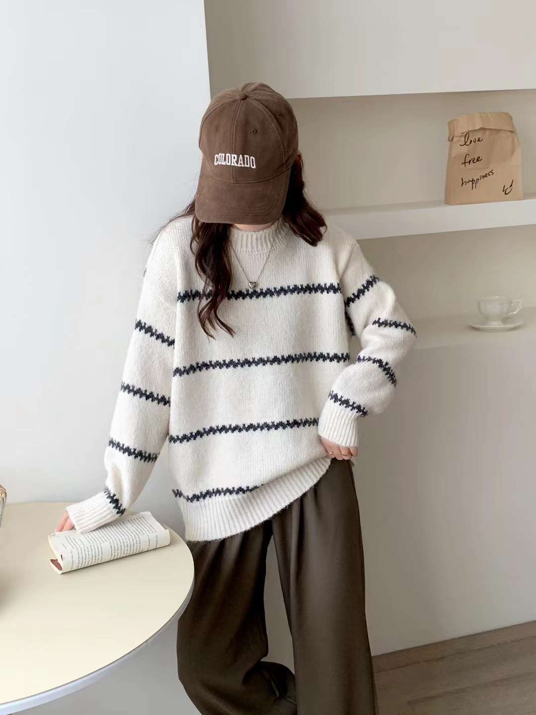 Cozy Striped Knit Sweater for Women - Block Round Neck Loose Fit Winter Pullover - Perfect for Casual Outfits, Office Wear & Holiday Gatherings