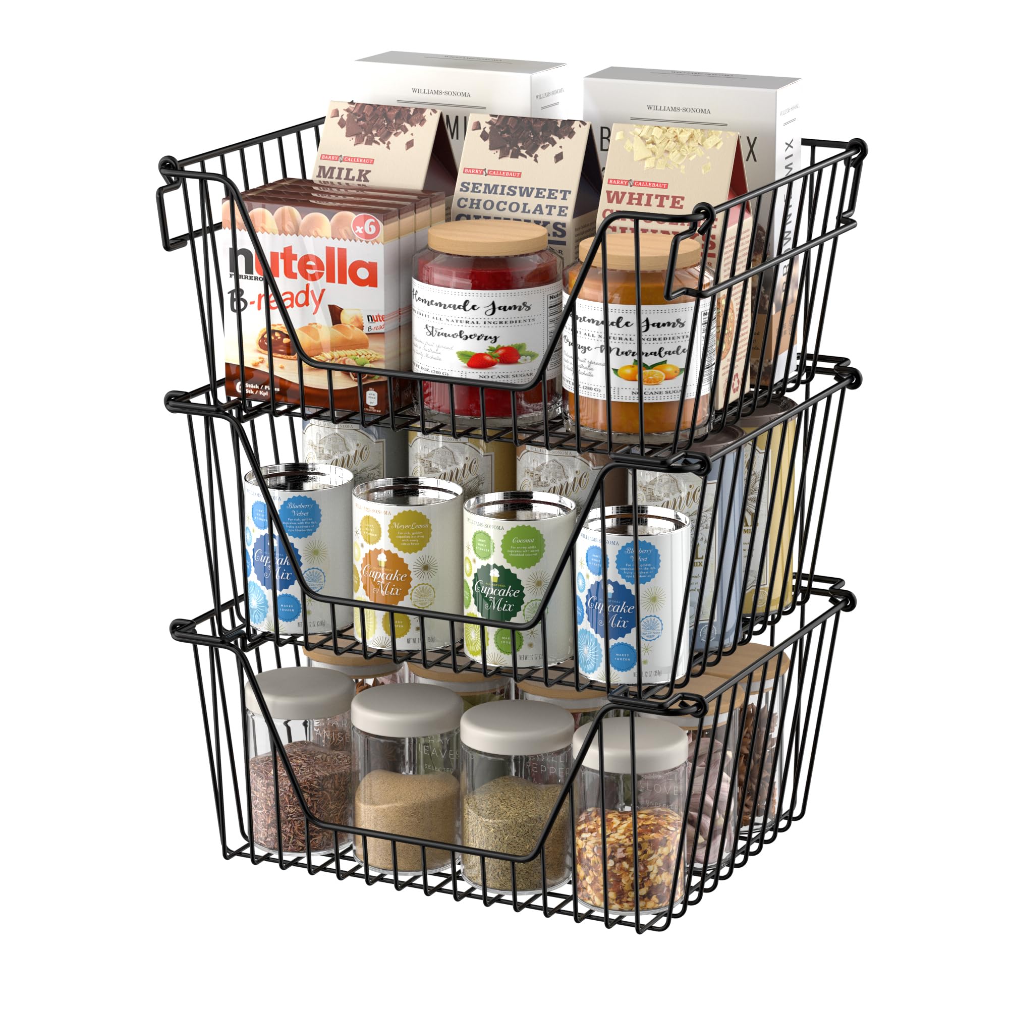 SANNO 6-Pack Stackable Wire Baskets - Black Organizing Bins for Vegetables, Pantry, Fridge & Bathroom Storage - Space-Saving Home & Kitchen Organization Solution