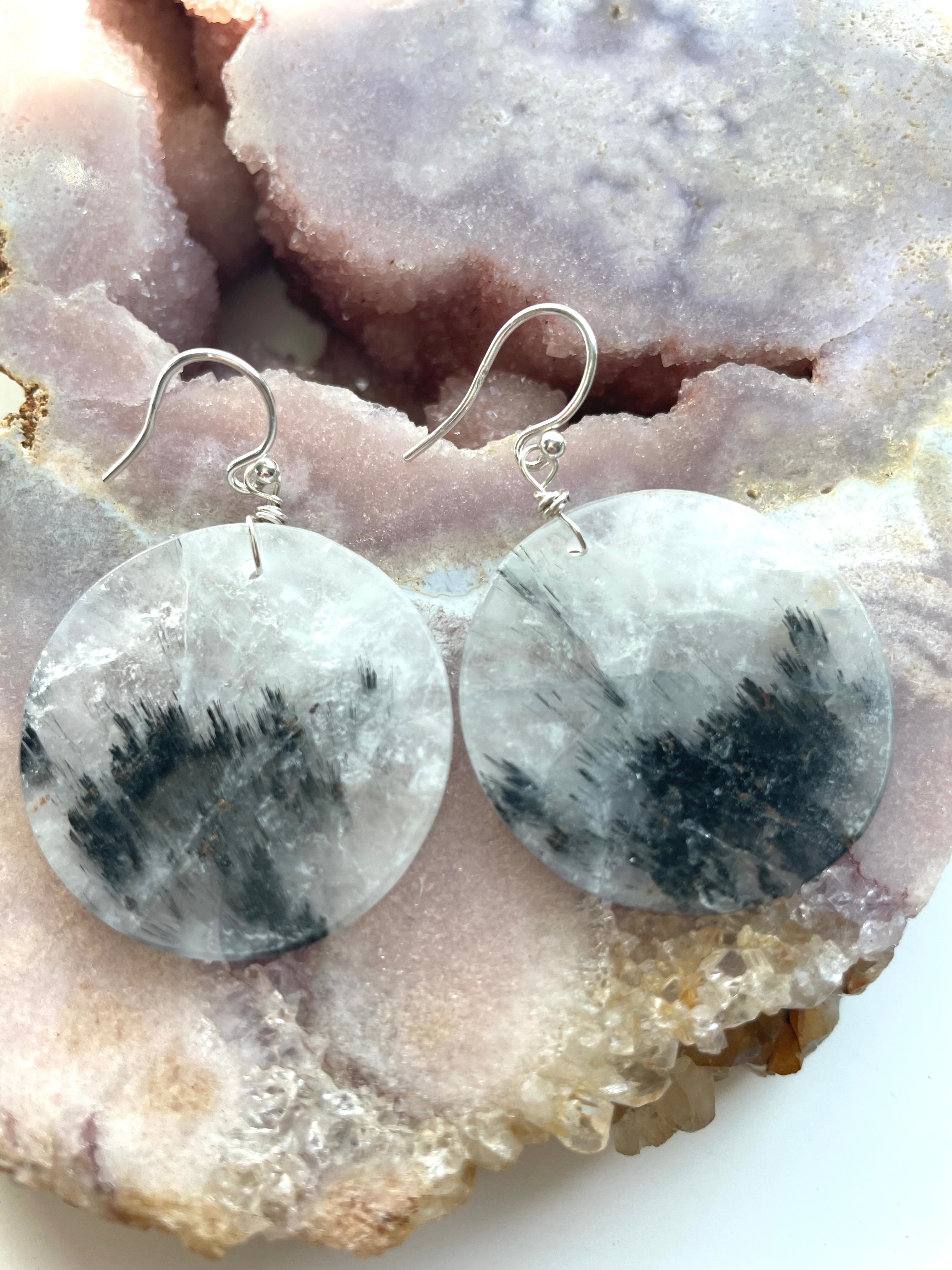 Black Tourmaline in Quartz Statement Earrings - Healing Crystal Jewelry for Women, Elegant Dangle Earrings for Daily Wear & Special Occasions