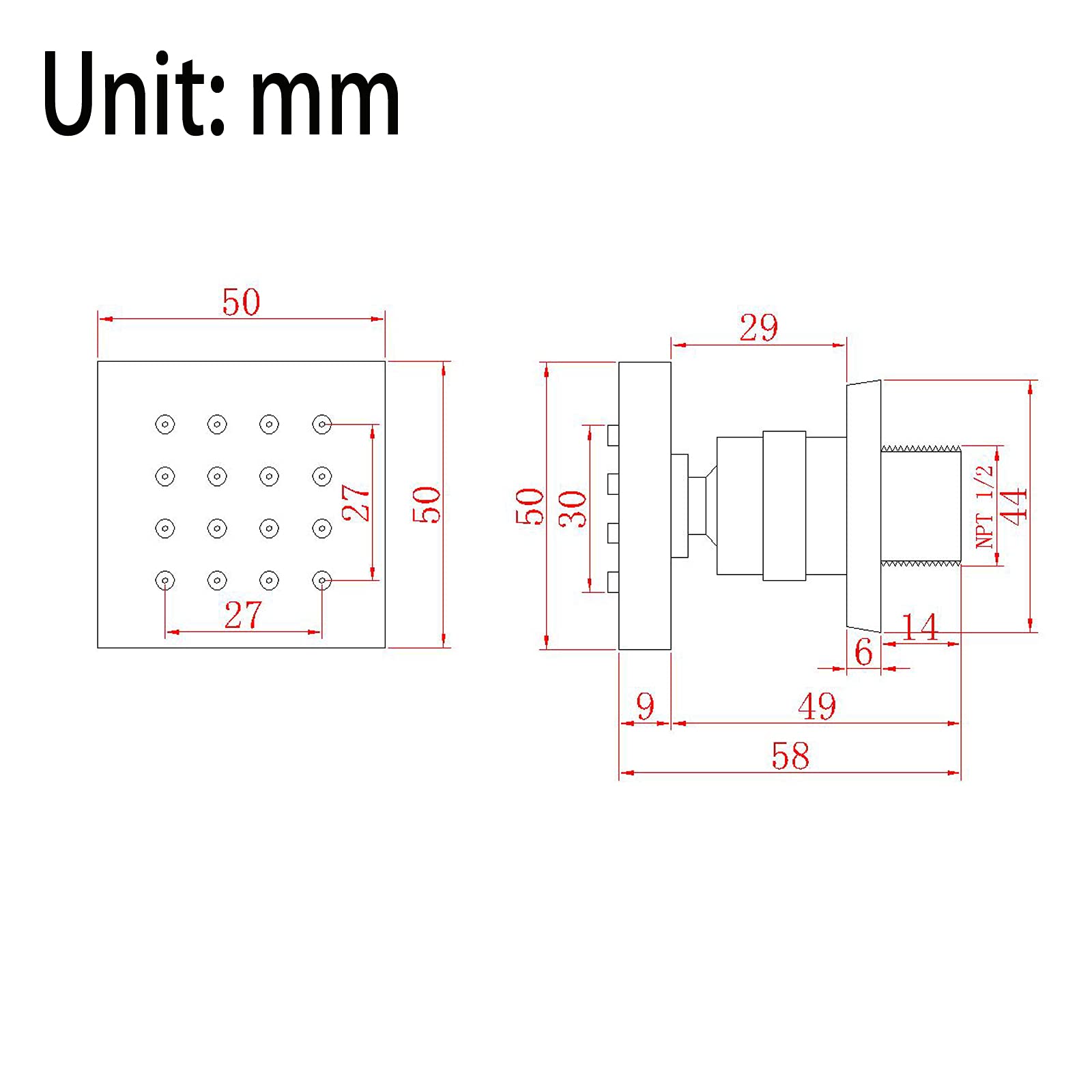 6-Piece Brushed Nickel Shower Body Jets - 2 Inch Adjustable Square Spa Massage Sprayer with 1/2