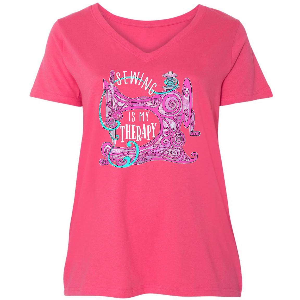 Inktastic 'Sewing is My Therapy' Stylized Sewing Machine Design Women's Plus Size V-Neck T-Shirt - Perfect for Crafters, Quilters & Sewing Enthusiasts