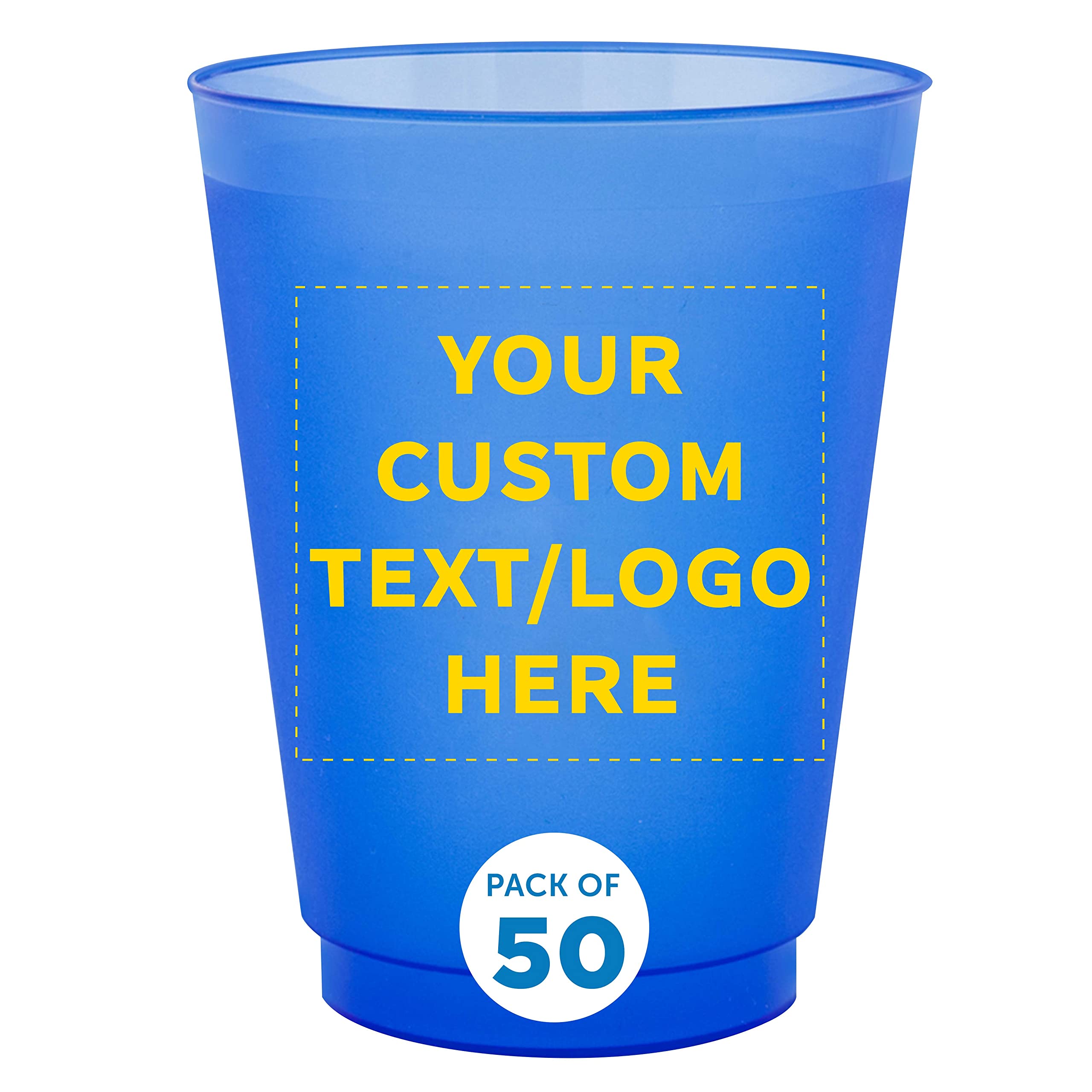 Custom Printed 16 oz Frosted Plastic Stadium Cups - 50 Pack with Promotional Text & Logo - Shatterproof, Flexible, Reusable Party Cups for Sports Events, Tailgating, BBQs & Outdoor Gatherings - Blue